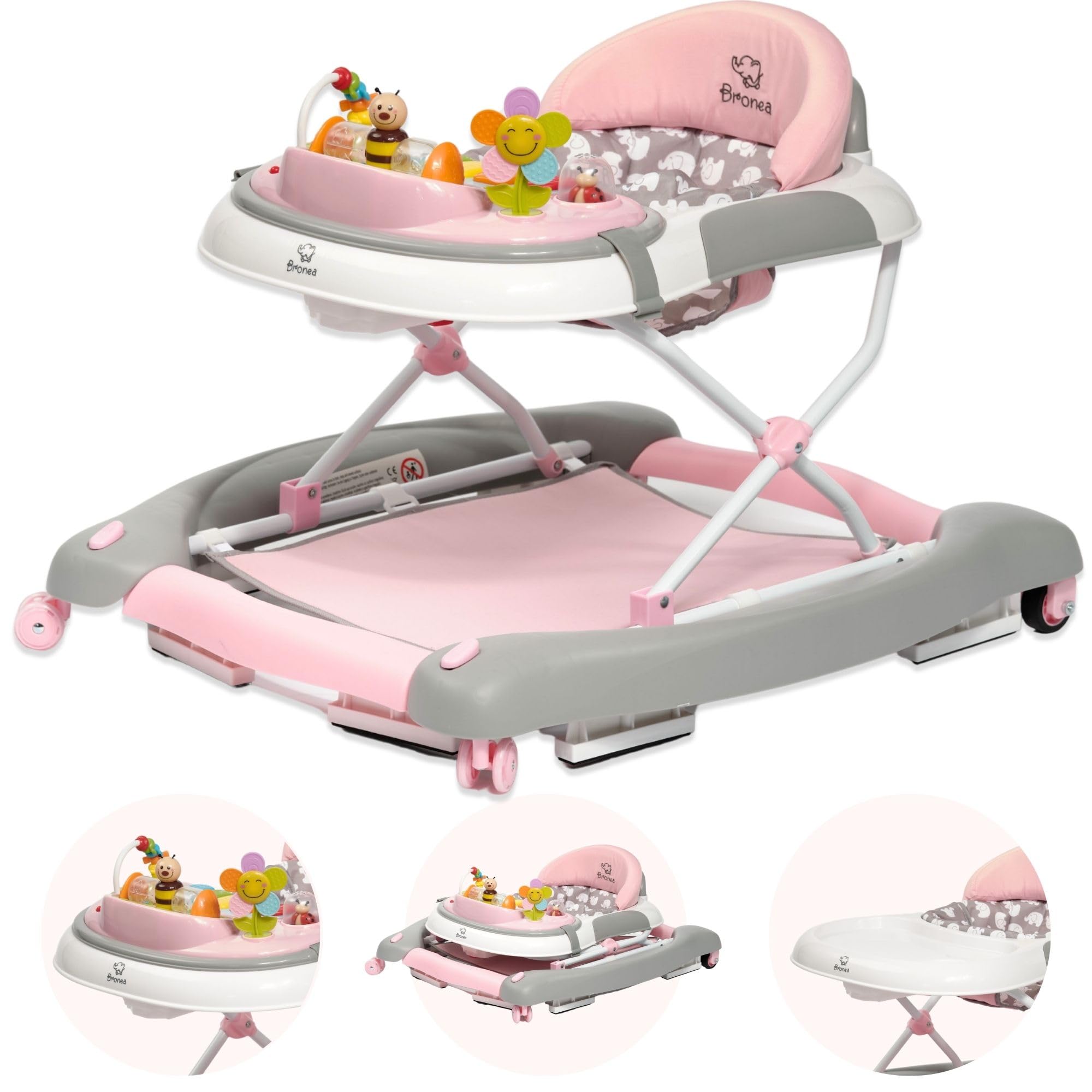 4-in-1 Gehfrei Babywalker ab 6 Monate | Lauflernwagen mit Schaukelfunktion und Spielpaneel mit Musik | Höhenverstellbare und Klappbar | Lauflernhilfe mit leisen Rollen und Bremsen