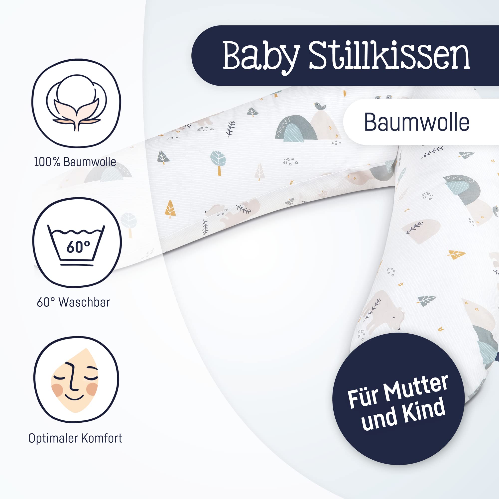 Julius Zöllner Klasyczna poduszka do karmienia ok. 190 cm | wypełnienie 42 litrowe mikrokulki EPS | Made in Germany | poszewka ze 100% bawełny | Oeko-Tex® Standard 100 | Mountain Bear