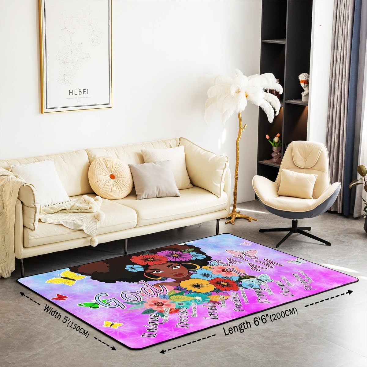 Black Girls Area Rug Afro Girl 5x7 Rug for Girls,American African Princess Magical Carpet for Toddler Kids Teenager,Teal Blue Purple Kawaii Washable Decorative Rug for Bedside