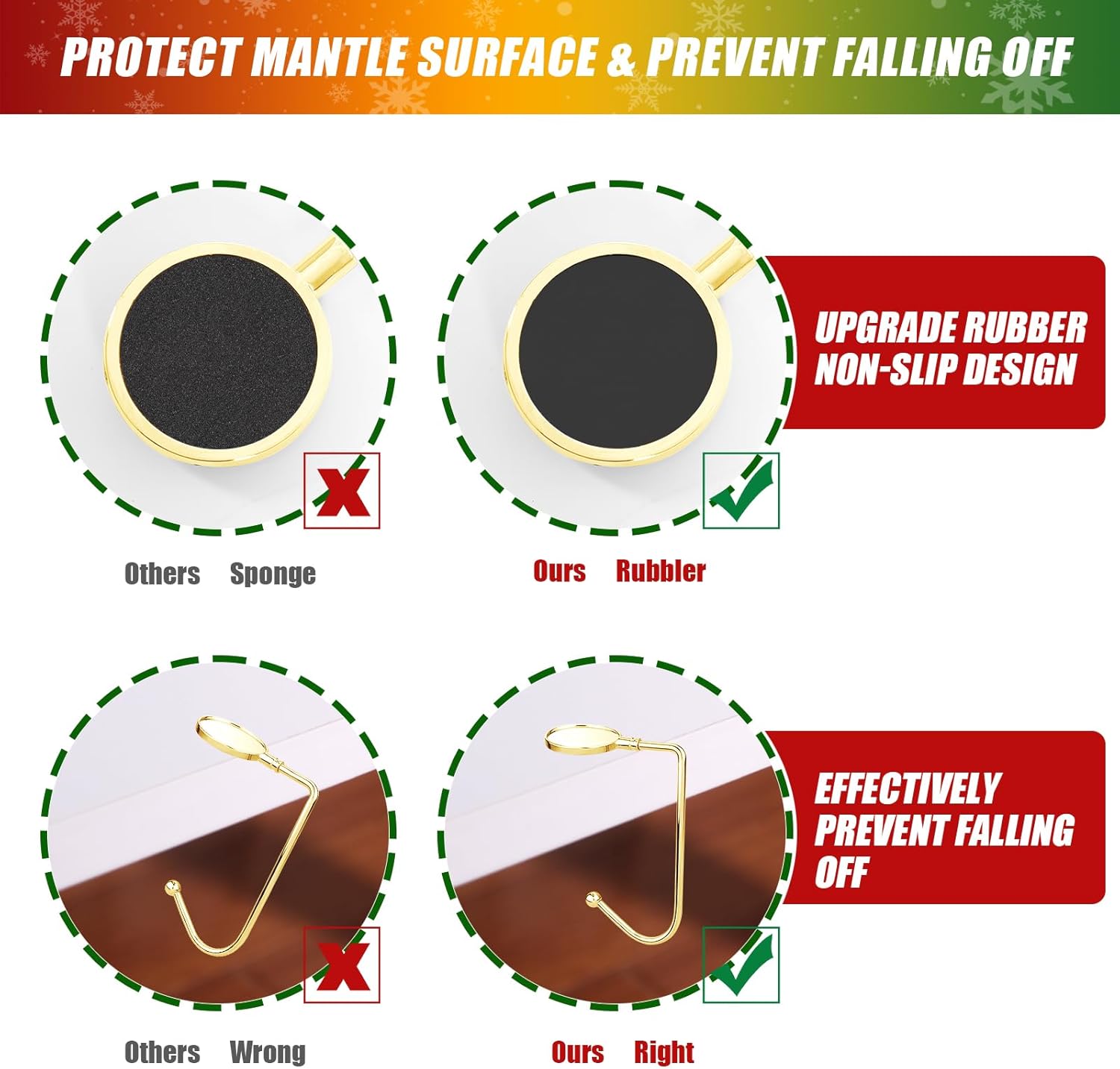 Christmas Stocking Holders for Mantle, Upgrade Non-Slip Christmas Safety Stocking Holder Mantle Hooks Hanger Grip for Party Decoration(Gold-4P)