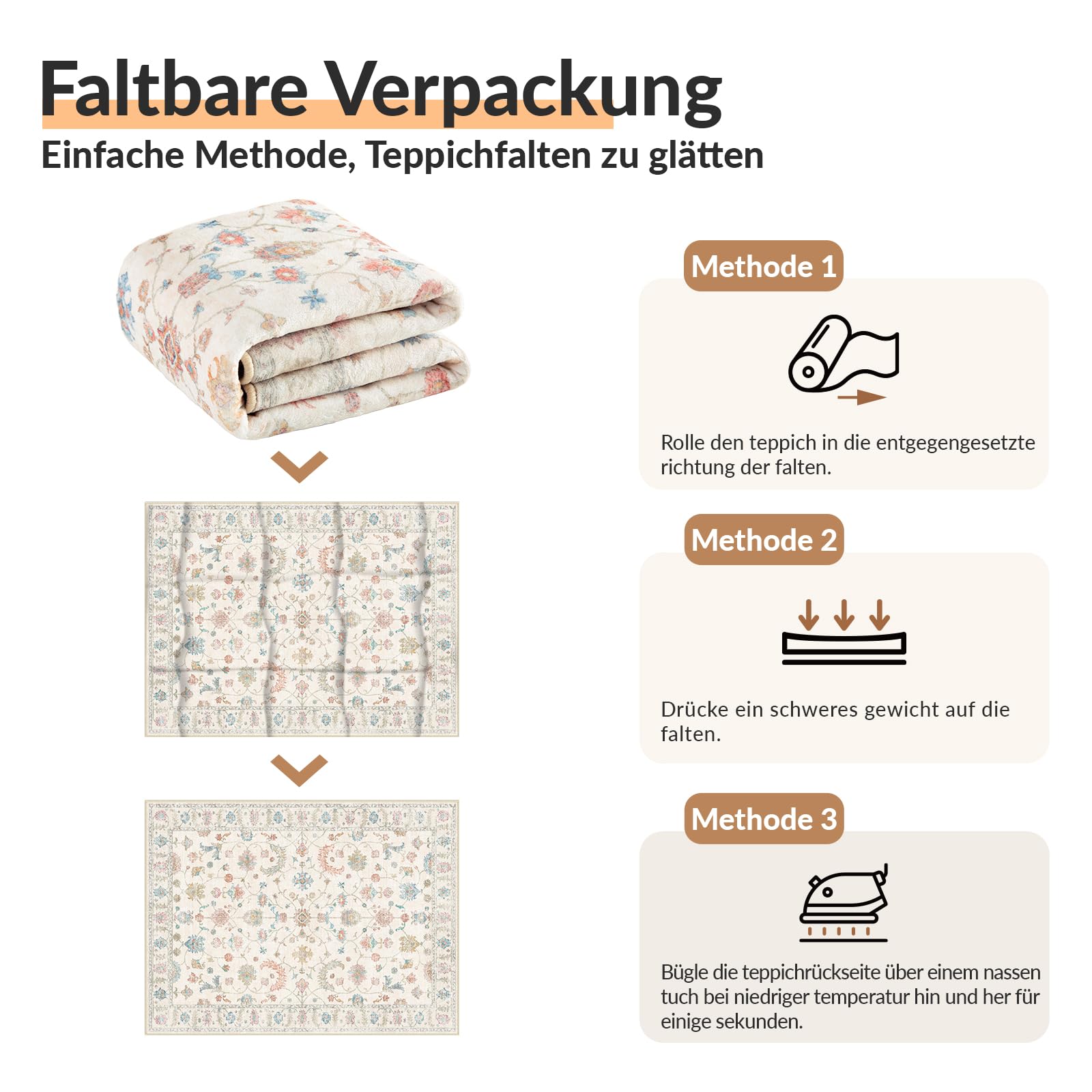 INOVADAY Waschbarer Teppich Boho 200x300 cm Cremeweiß Wohnzimmer Teppich | Schlafzimmer, Küche, Vintage, Eingangshalle, Esszimmer, Diele, Kurzflor, Rutschfest, Flur, Druckmuster, Weich, Pflegeleicht