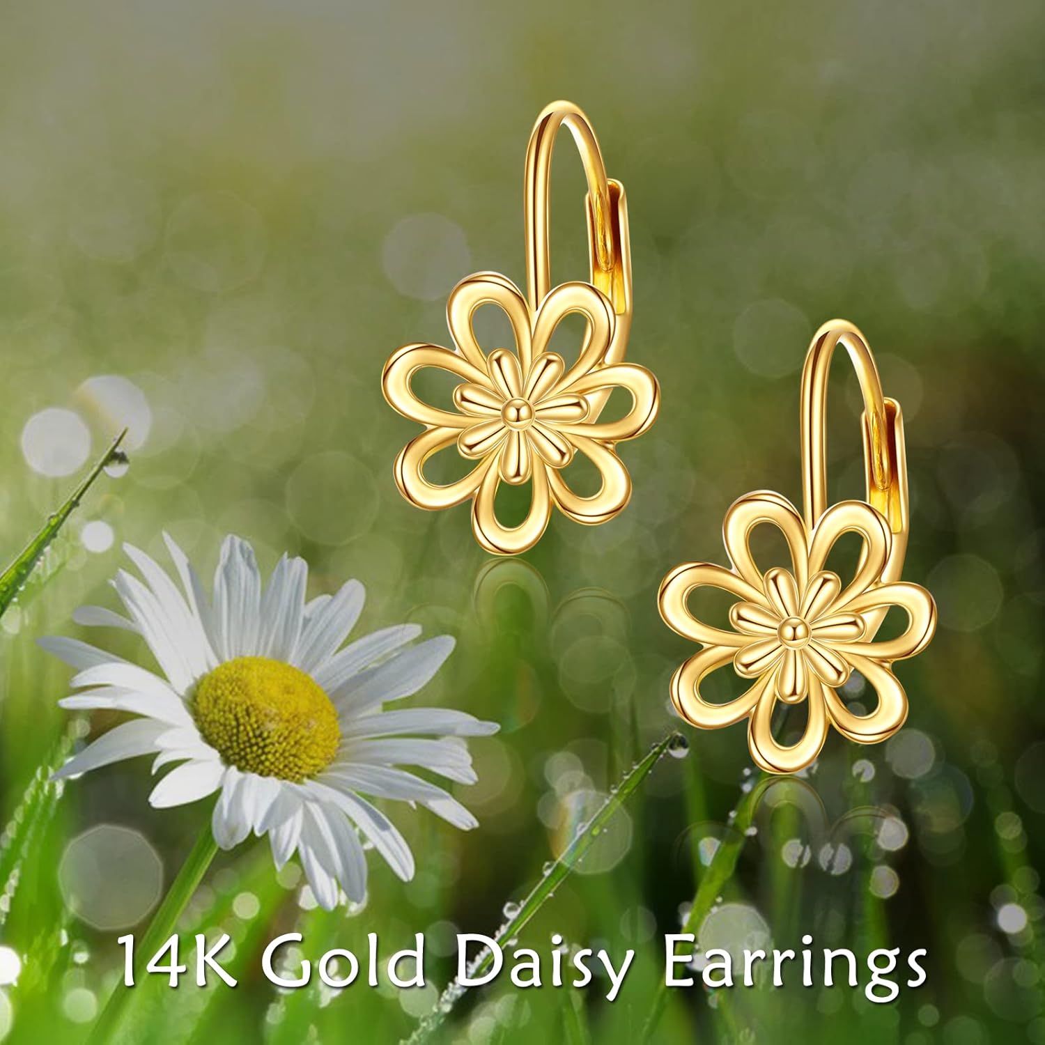Daisy Earrings for Women 14K Yellow Gold Daisy Flower Leverback Dangle Hoop Earrings Jewelry Christmas Birthday Gifts for Teens Girls - Image 6