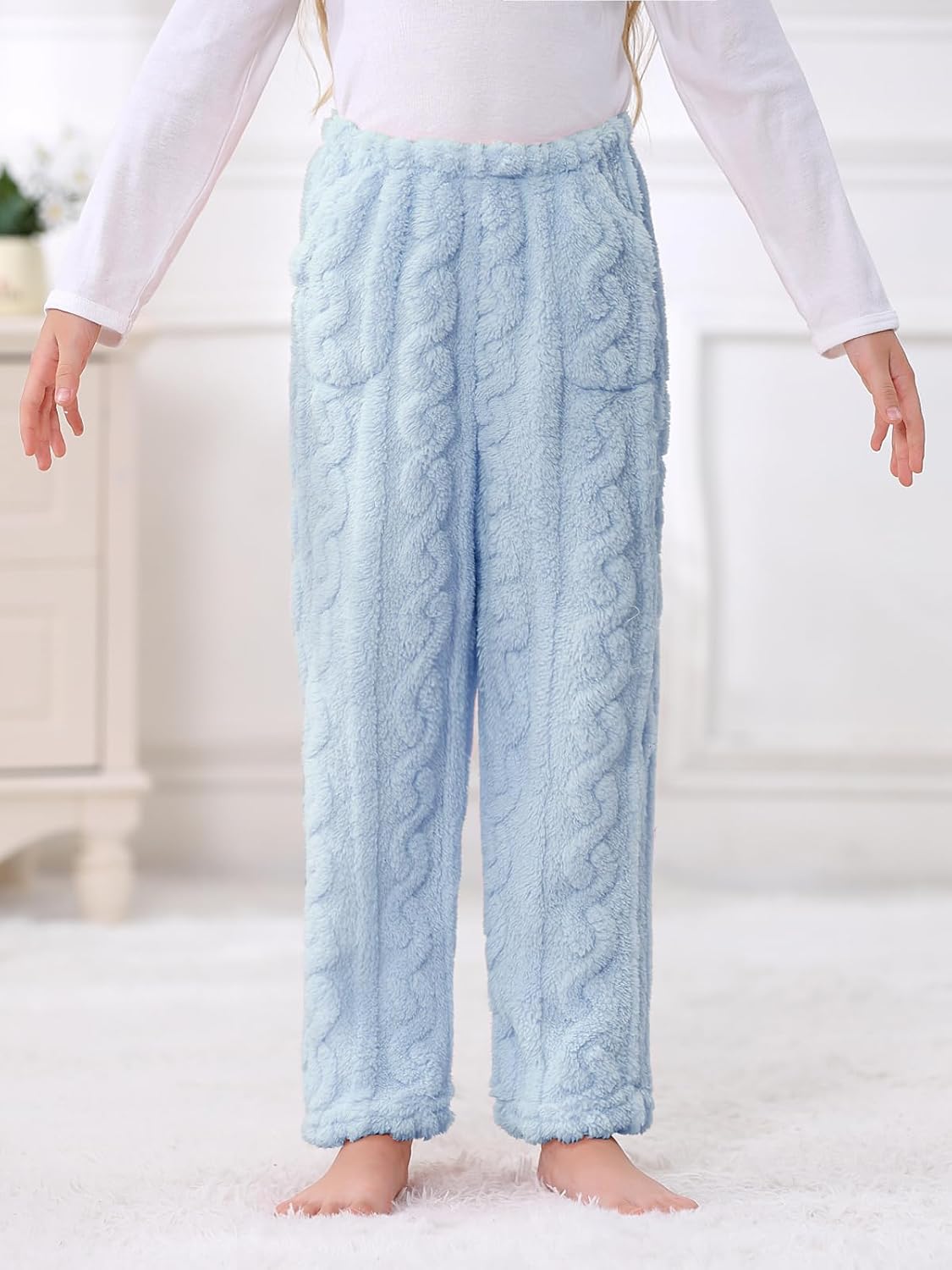 Umeyda Girl's Women's Fuzzy Pajama Pants Elastic Waist Fleece Plush Loungewear Pj Pants with Pockets, 6Years-XL - Image 4