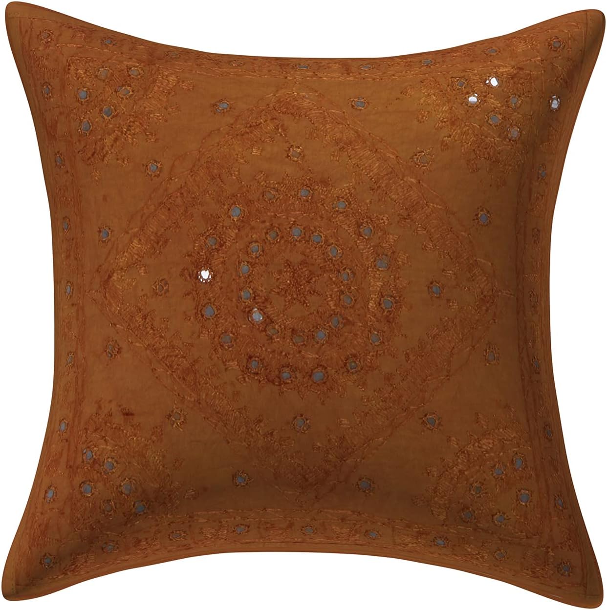 Bohemian Decorative Toss Throw Pillowcases 16 x 16 Inch Cotton Embroidered Mirrored Indian Square Accent Cushion Covers (Size - 40x40 cm ; Color: Brown) - Set of 4 Pcs (Cover Only)