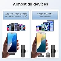 Vista 3 de Paquete de 2 micrófonos inalámbricos Lavalier con estuche de carga para iPhone, iOS y teléfono Android, mini micrófono para grabación de video, Negro