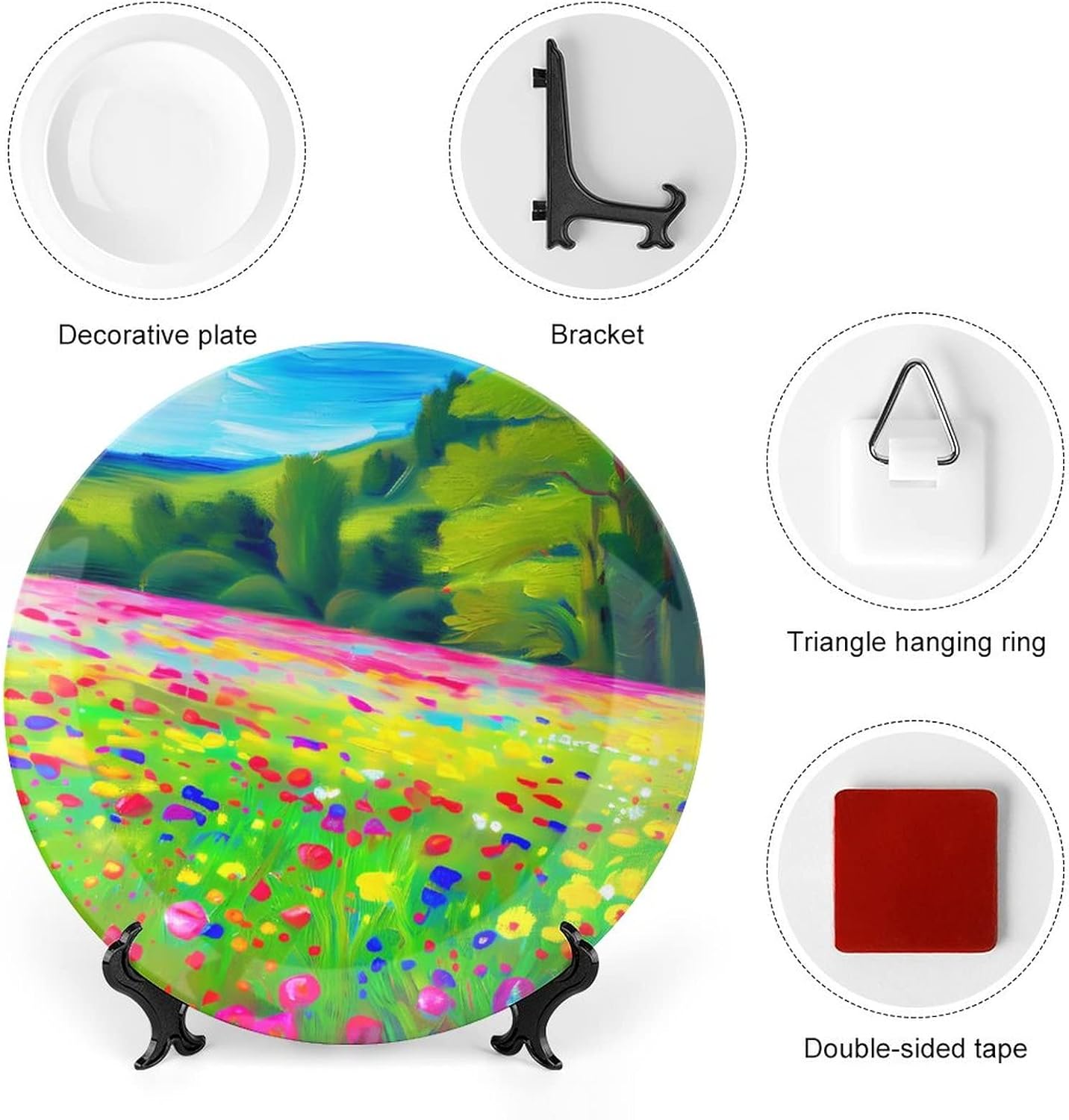 Decorative Plates, A Wildflower Landscape in Bloom Display Plate for Home Office Kitchen Table Decor Porcelain Plates 6 Inch, Birthday Gifts