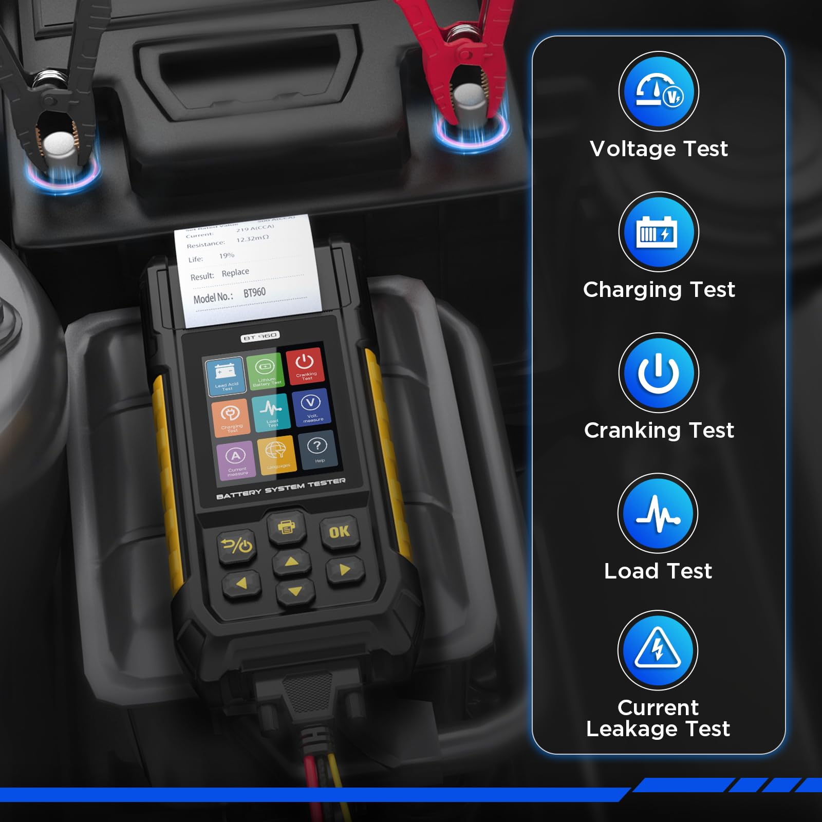 AUTOOL Car Battery Tester 12V 24V Automotive Battery Load Tester 30-2000 CCA, Battery Tester with Printer, Support Lithium Battery, Cranking & Charging & Leakage Test, Data Review Protection