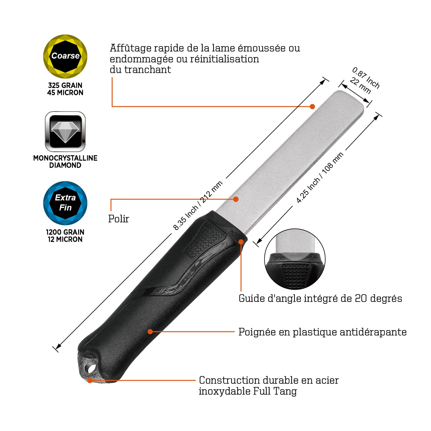 SHARPAL 121N Pierre à aiguiser diamantée à double grain pour affûter les couteaux Chasse Outdoor Couteaux Aiguiseur d'outils de jardinage (grain grossier/extra fin 325/1200)