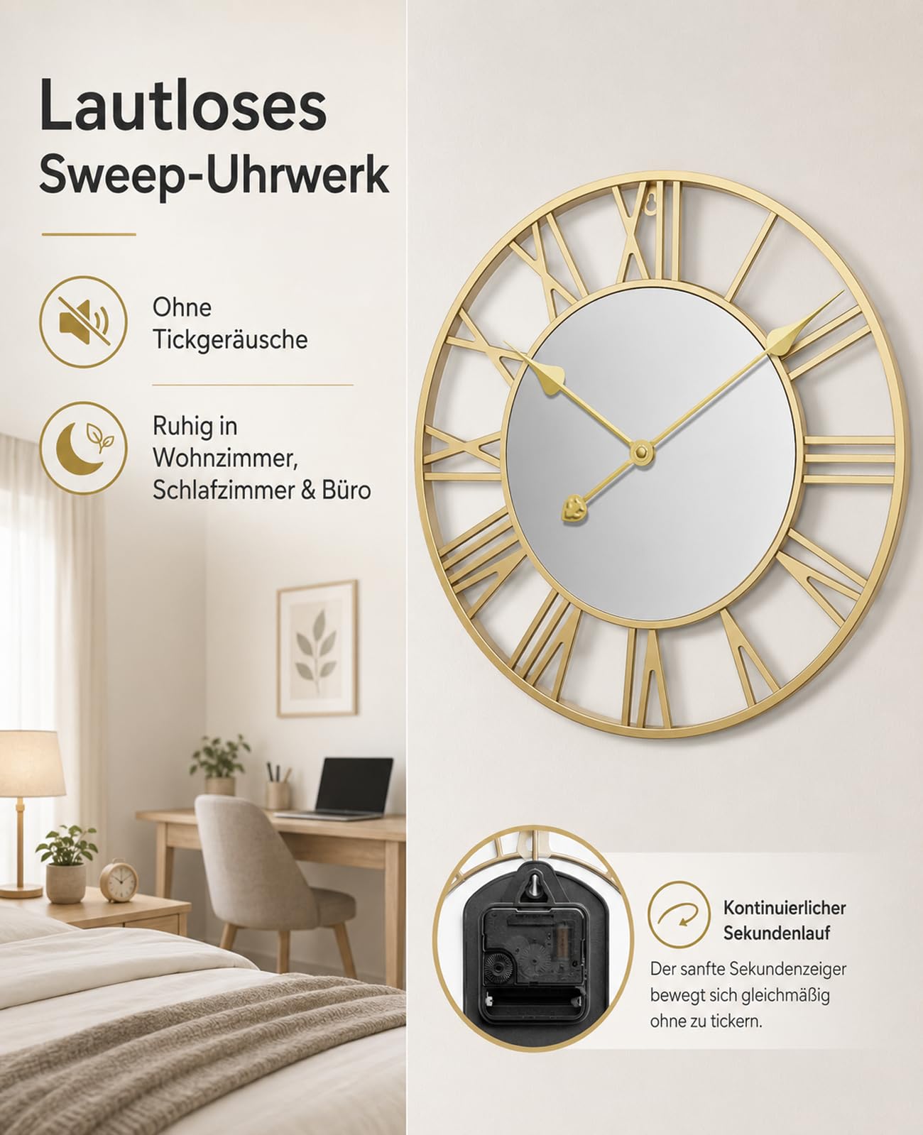 Wanduhr Gold 50 cm lautlos mit römischen Ziffern und Metallrahmen