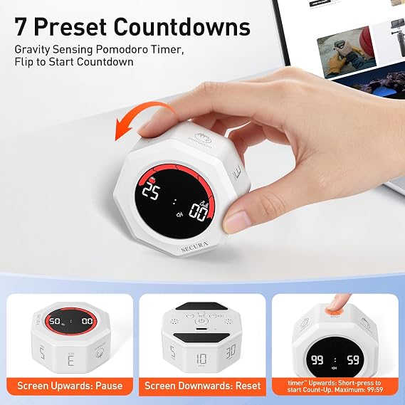 Secura Pomodoro Cube Timer, 3, 5, 10, 25, 30, 60 Minutes Preset (White)