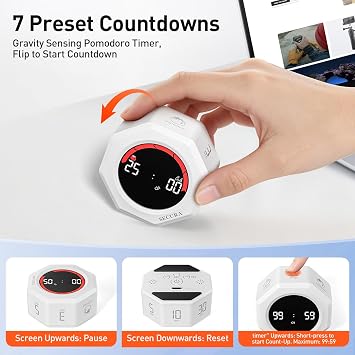 Secura Pomodoro Cube Timer, 3, 5, 10, 25, 30, 60 Minutes Preset (White)