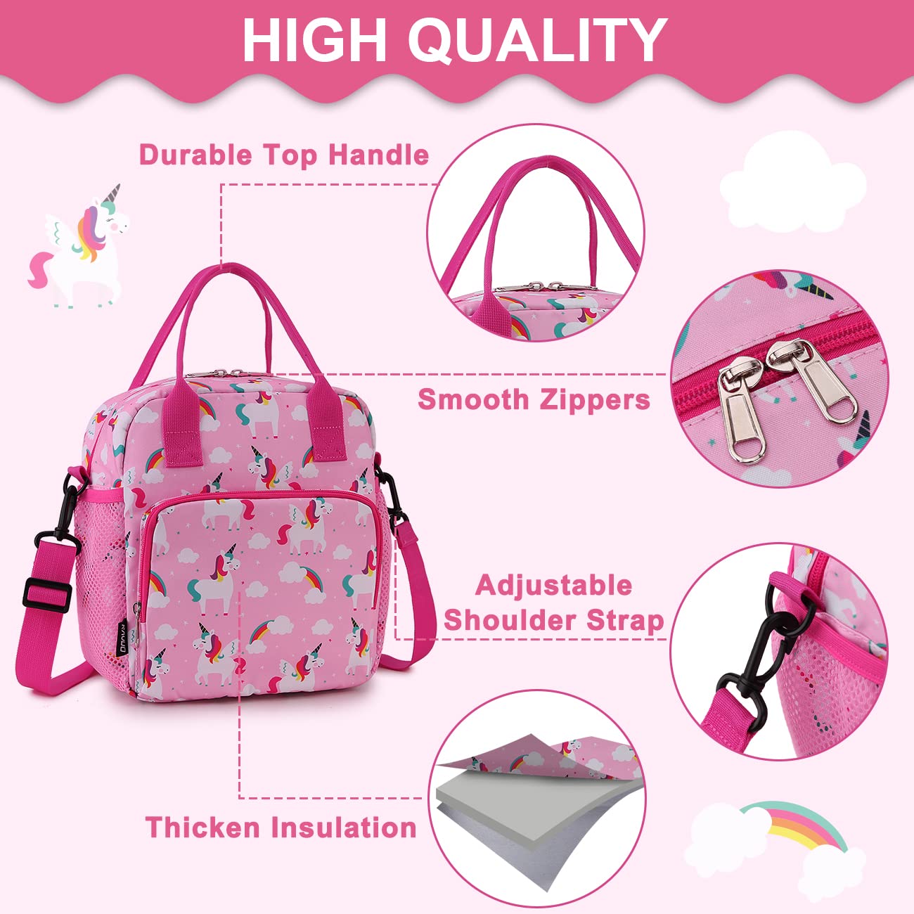 RAVUO Sac Isotherme Fille Licorne - Boîte à Gouter Enfant Avec Bandoulière Amovible, Mignon Lunch Bag Pour École Et Pique-Nique