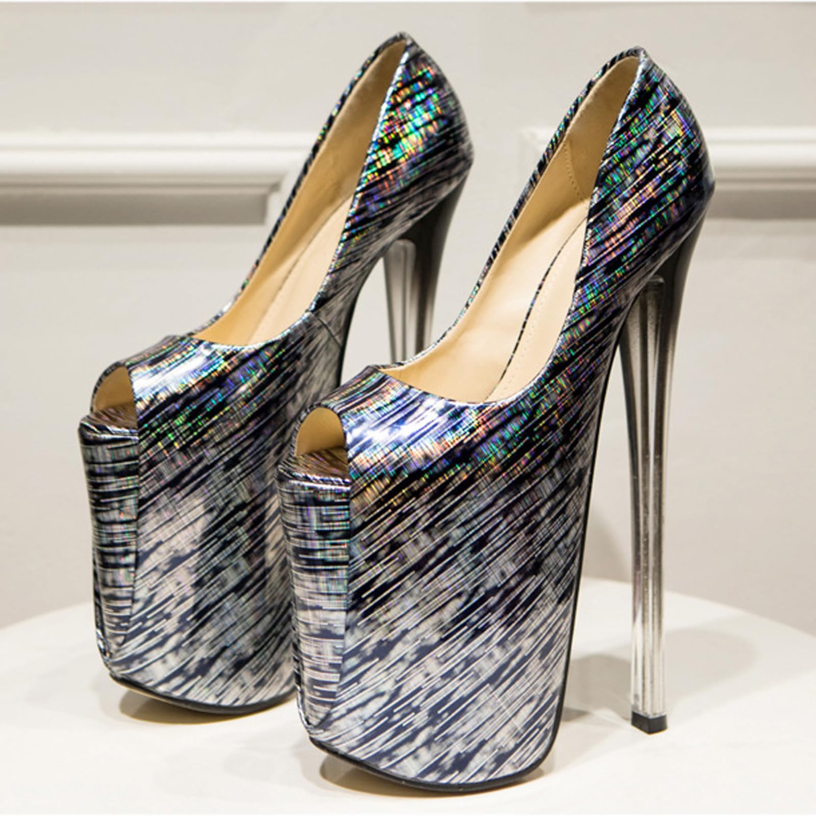 Sandali con Tacco Alto da Donna. 22 cm/8,6 Pollici, Scarpe con Plateau a Spillo Extra Large, Aperte in Punta. Adatte per Balli da Strip Club da Donna