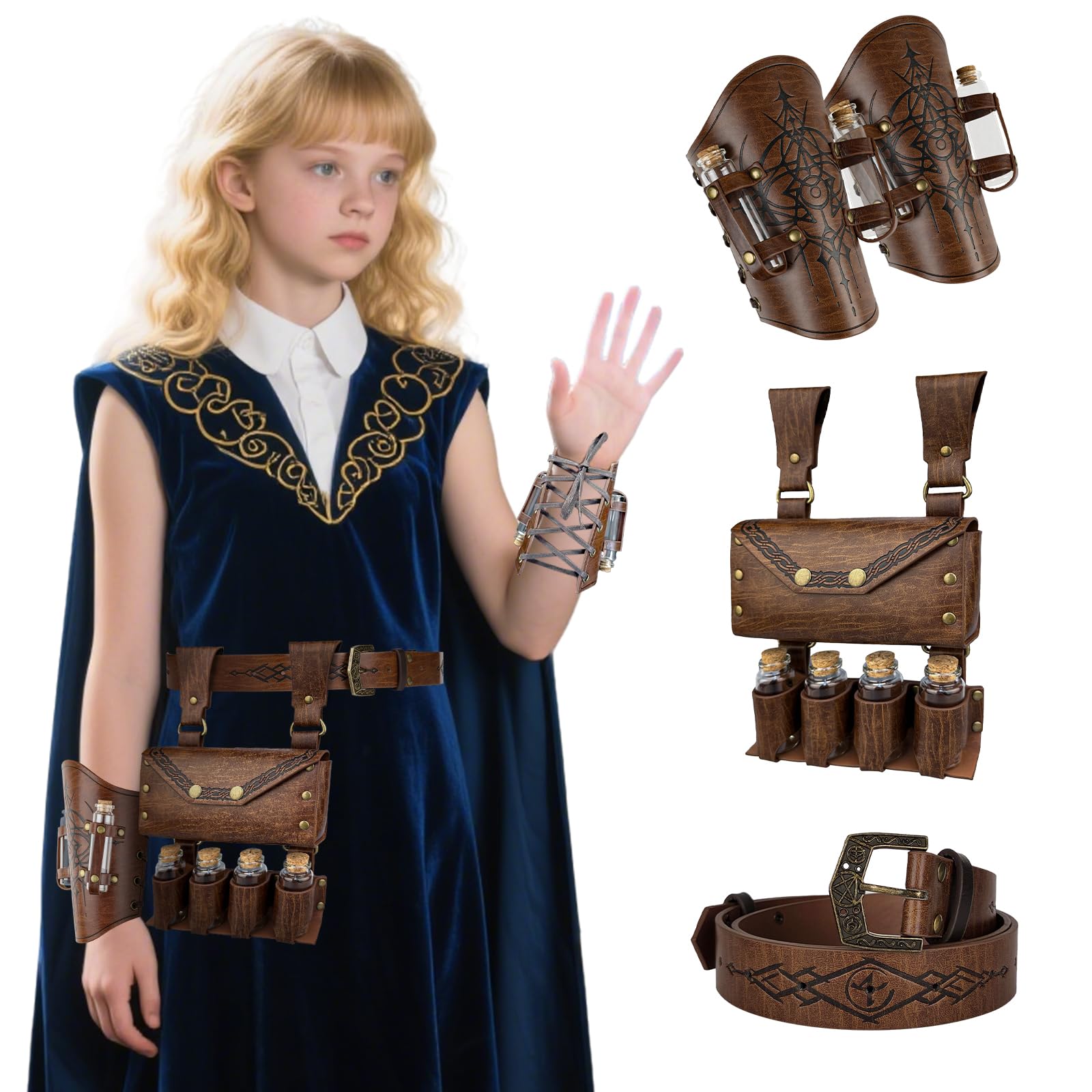 HiiFeuer 4 PCs Medieval Alchemy Set for Kids, Fantasy Wizard Belt Waist Pouch Arm Guards with Vials for Ren Faire Cosplay (Brown A)