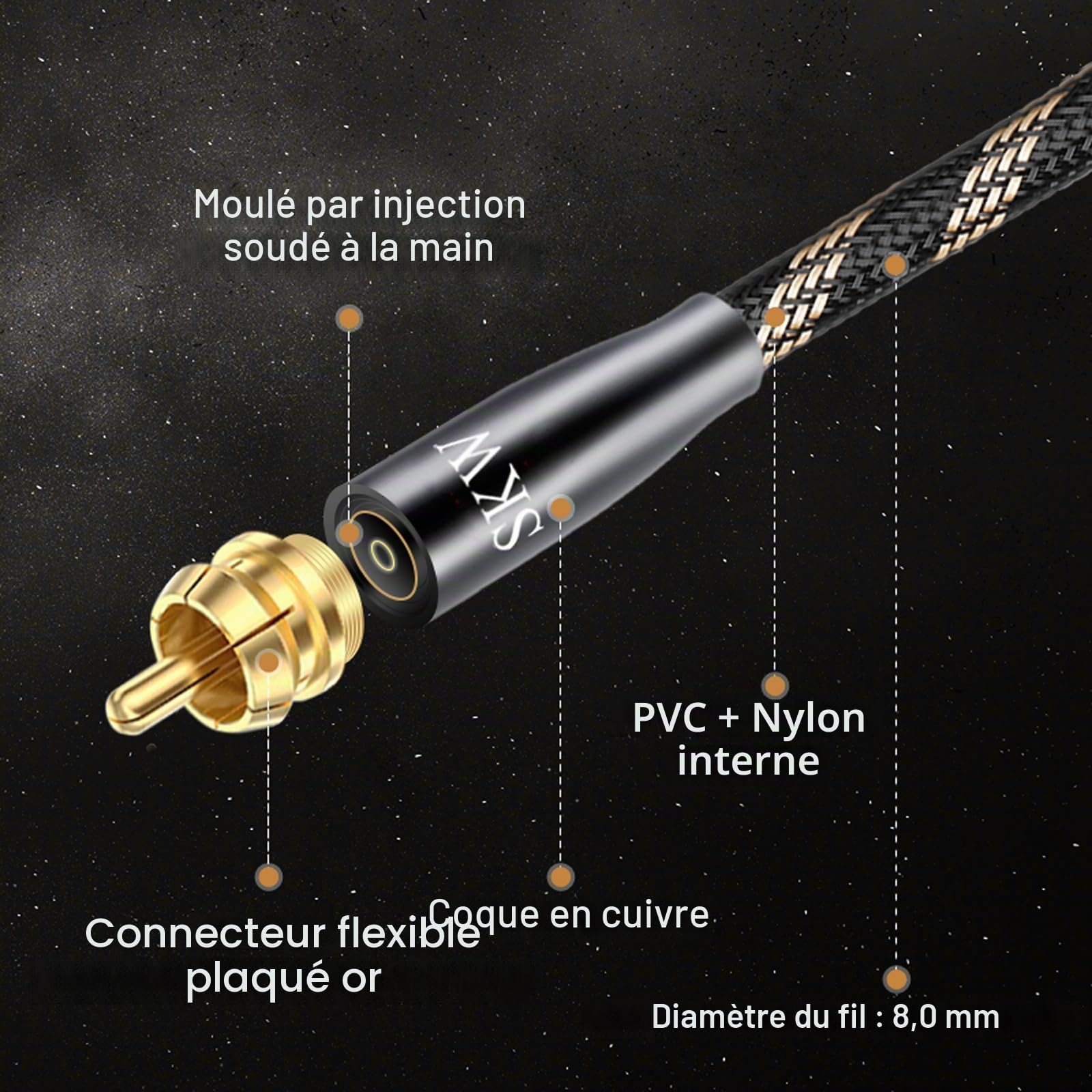 SKW Audiophile Câble en cuivre haute pureté RCA mâle vers XLR mâle, Haute Qualité, Tissage en nylon, OD:8.0mm- 1 mètre