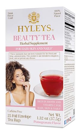 Hyleys Beauty Tea - Pomegranate Flavor - 25 Tea Bags - Rich in Biotin and Vitamin C - Healthy Skin and Nails