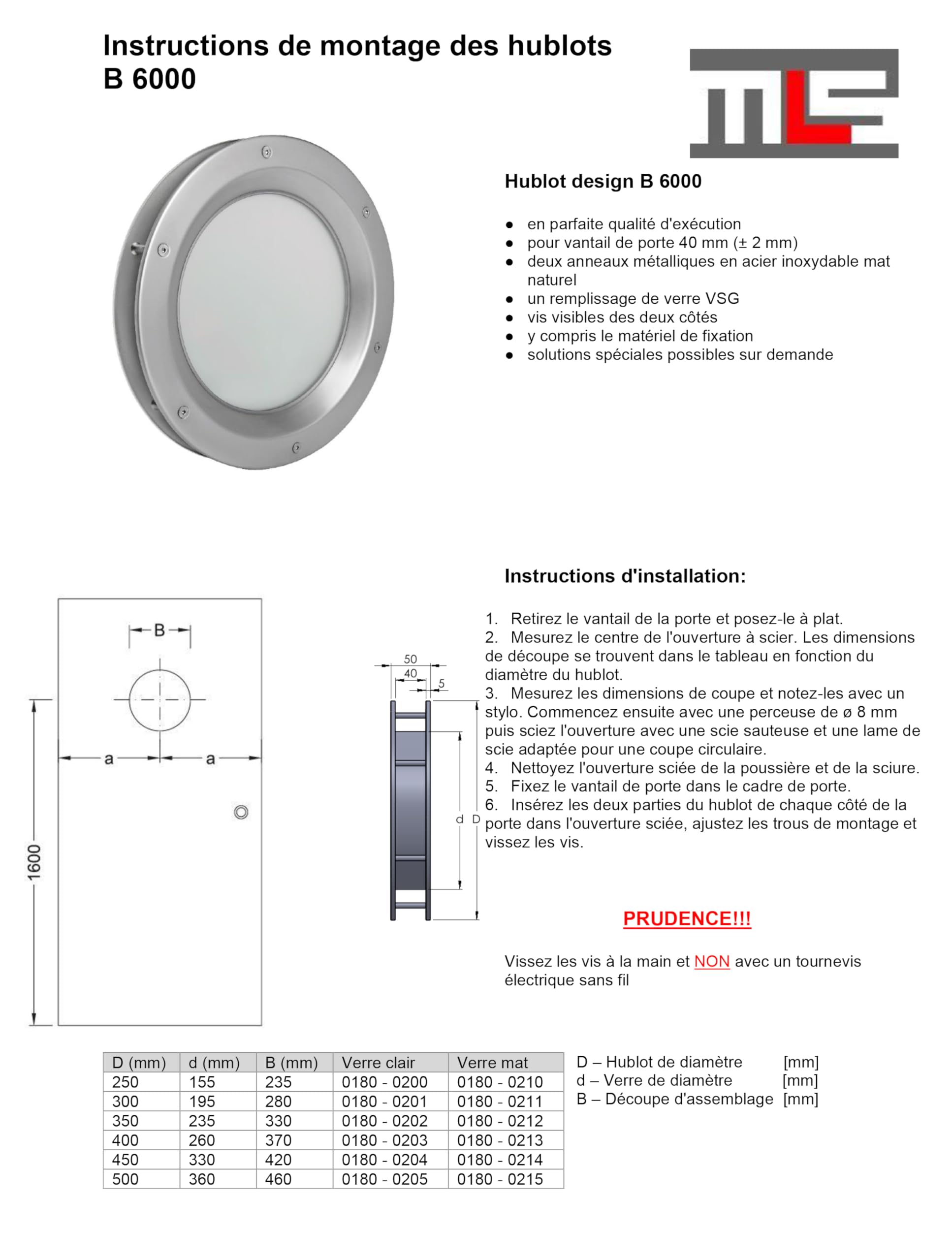 MLS Hublot B6000 de Porte, en Acier Inoxydable, 400 mm, Verre Clair | Verre de Sécurité Feuilleté, Convient Aux Portes de 40 mm d'épaisseur, Vis de Fixation Visibles des Deux Côtés