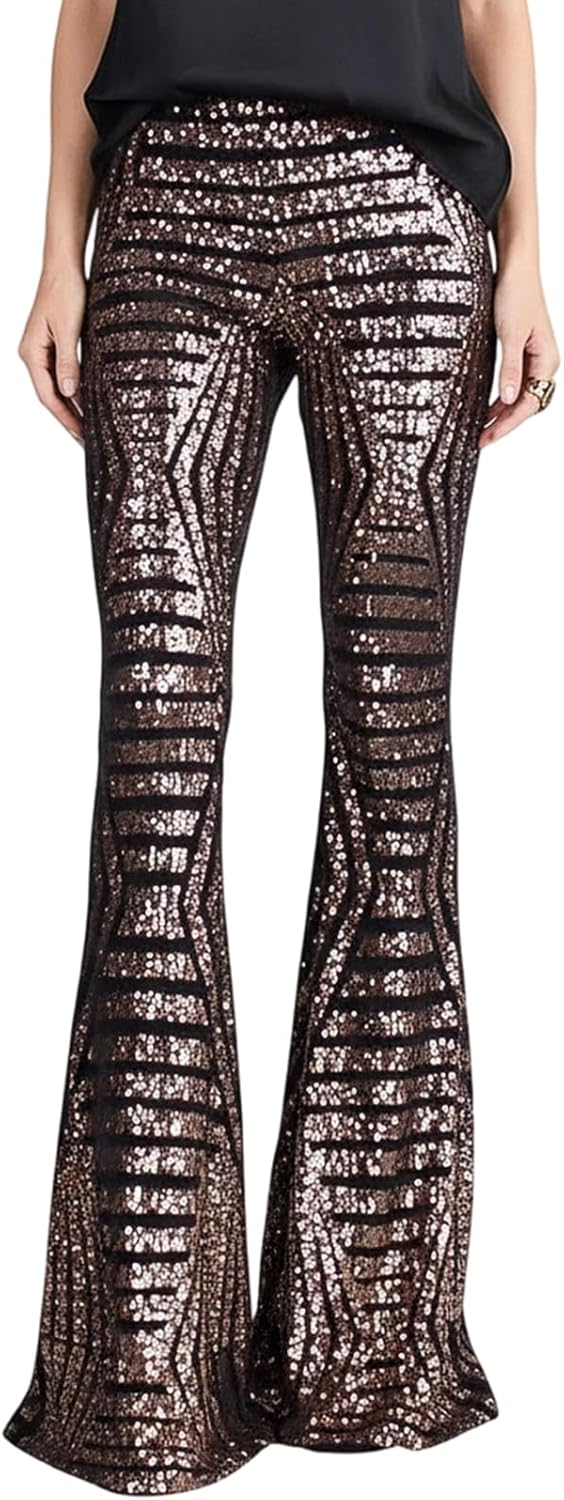 Womens Glitter Pants - High Rise Flare,Party Pants Glitter Disco Ball Costume,for Prom Evening Dance Party Shows
