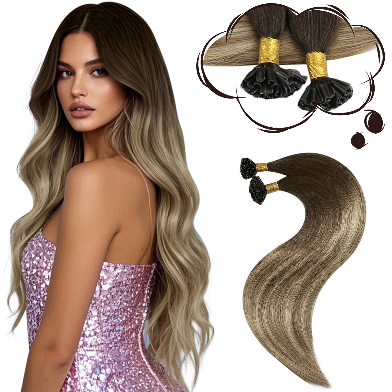 Moresoo U Tip Hair Extensions Real Human Hair 16 Inch Pre Bonded Hair Extensions Balayage Dark Brown to Medium Brown with Bleached Blonde 1g/s 50g/50s #4/6/613