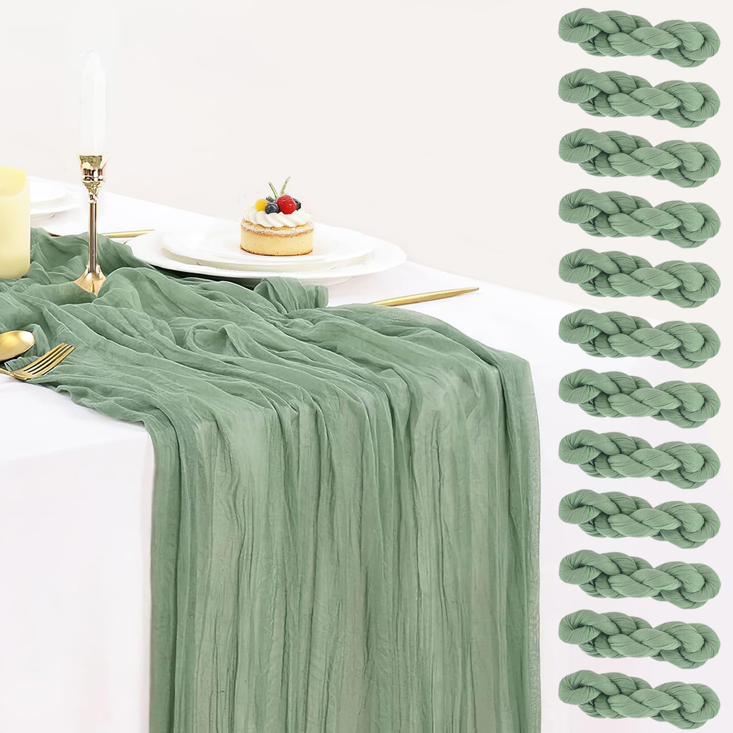 10 Pack Sage Green Cheesecloth Table Runner 35x120 Inch, Easter Spring Boho 10FT Cheese Cloth Sheer Gauze Table Runner for Wedding Baby Shower