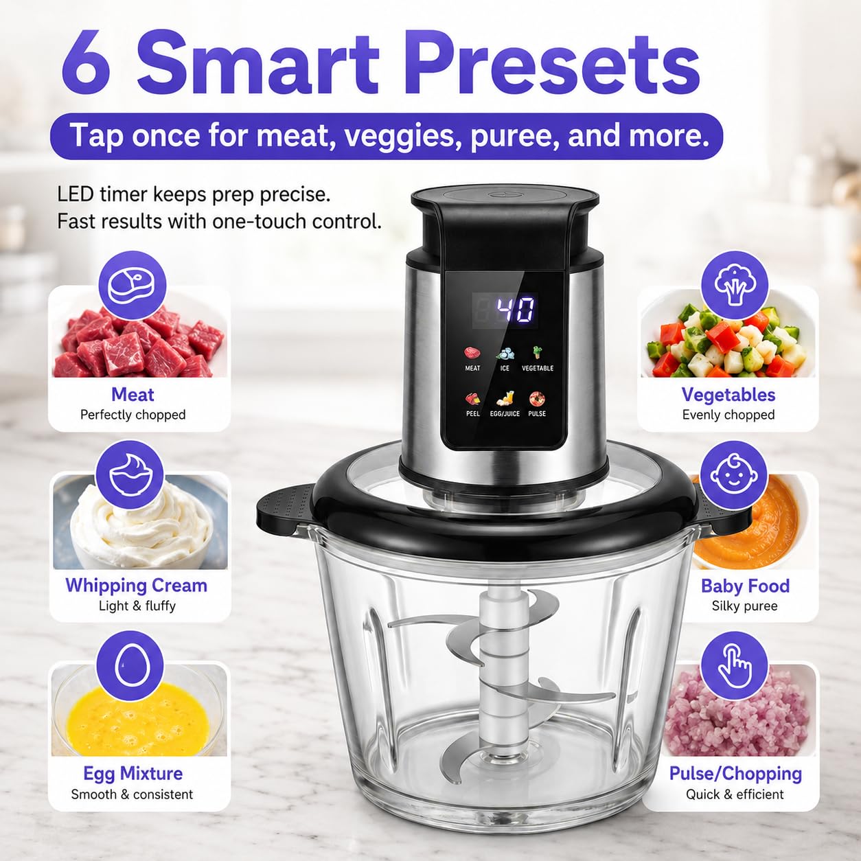 Picadora de alimentos eléctrica de 1000W con picadora de carne, 6 temporizadores LED preestablecidos inteligentes, Ideal como procesador de alimentos picadora de verduras