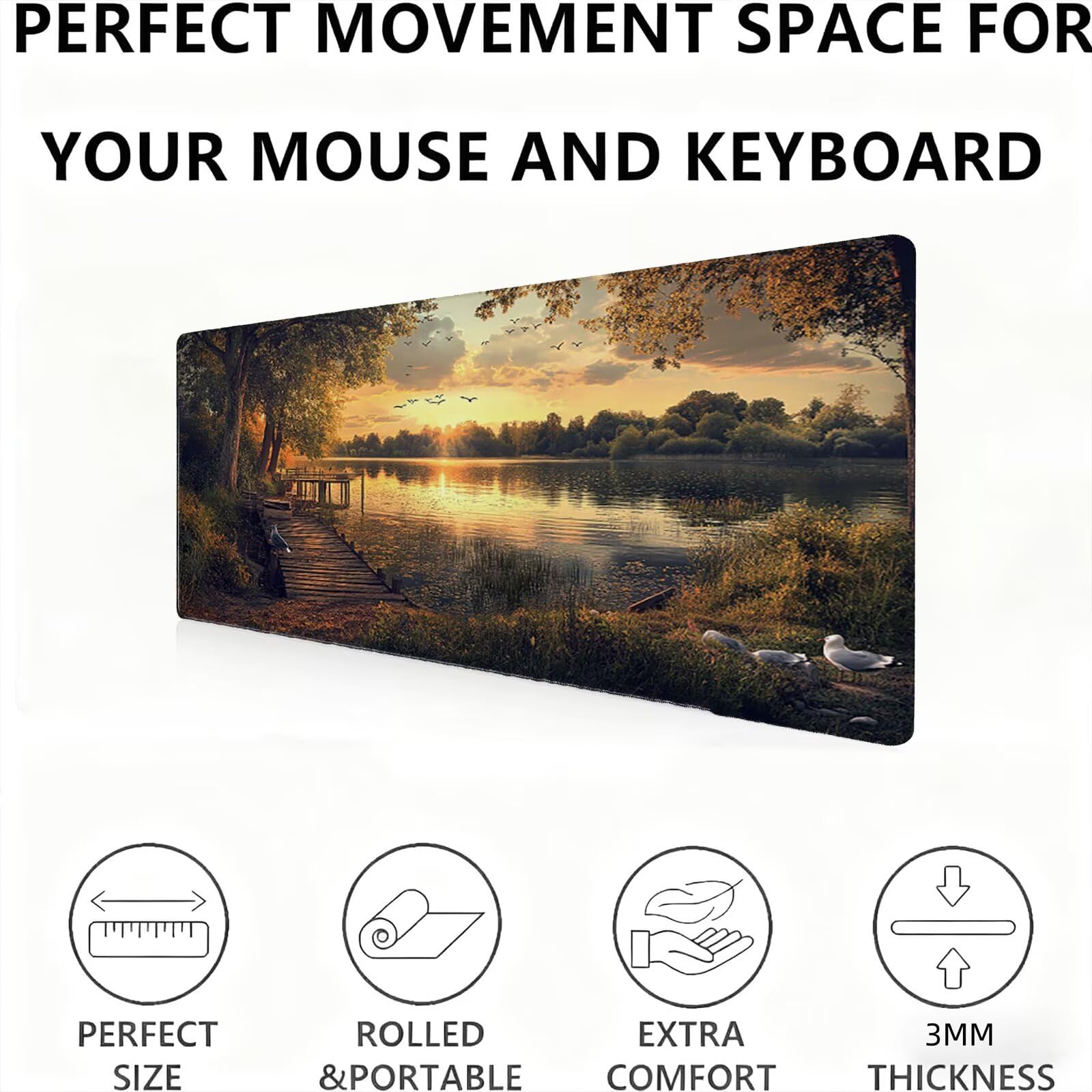 Podkładka pod mysz Zachód Słońca/Krajobraz XXL 1500 x 800 mm Duża podkładka pod mysz Przyszyte krawędzie Wodoodporna Antypoślizgowa Duże Rozszerzone Biurko Akcesoria do PC, Poprawia dokładność i