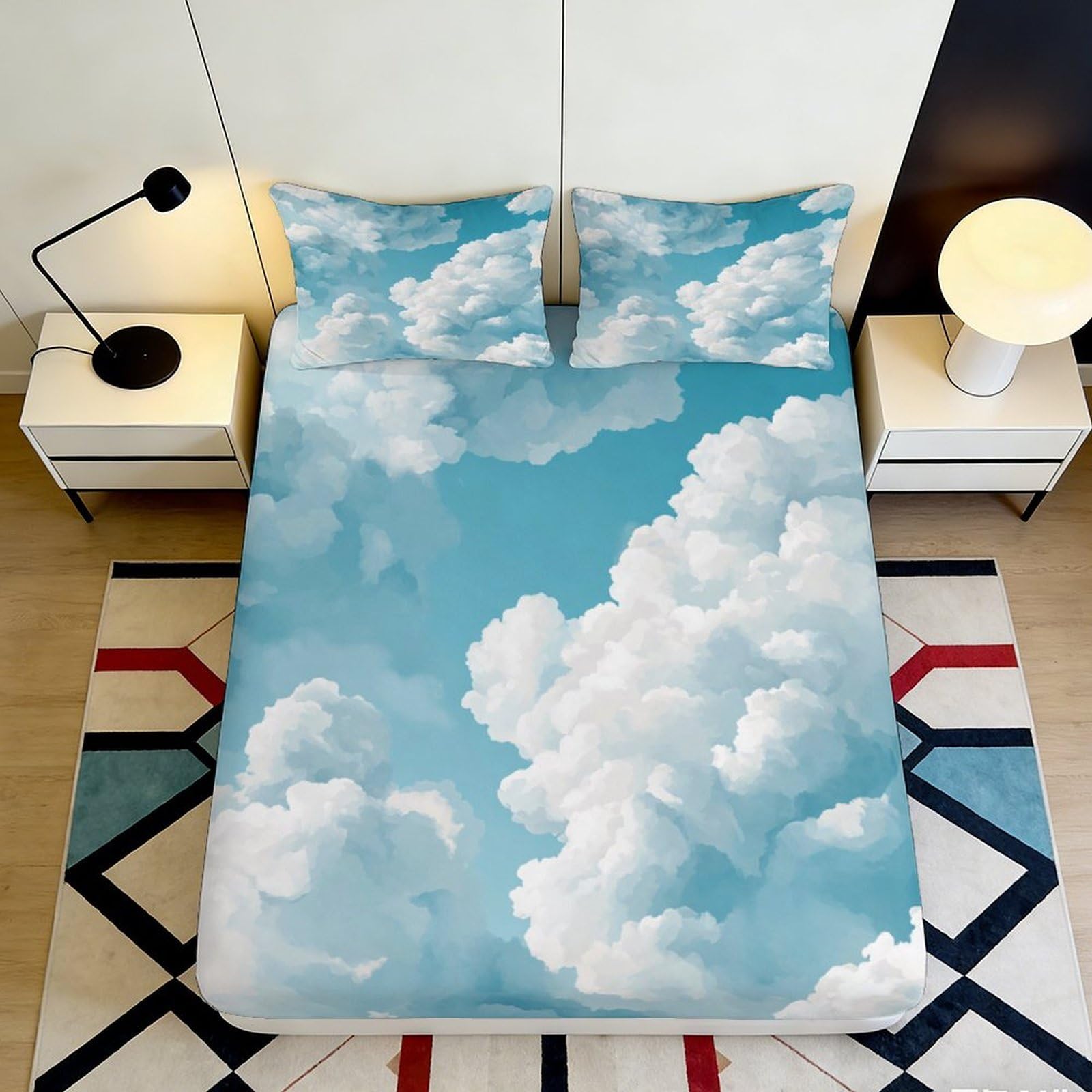 3D Printed Cloud Pattern Fitted Sheet Microfiber Soft Breathable Sky Design Mattress Cover for Bedroom Dormitory Guest Room Mattress Protection Decor 180x200x25cm