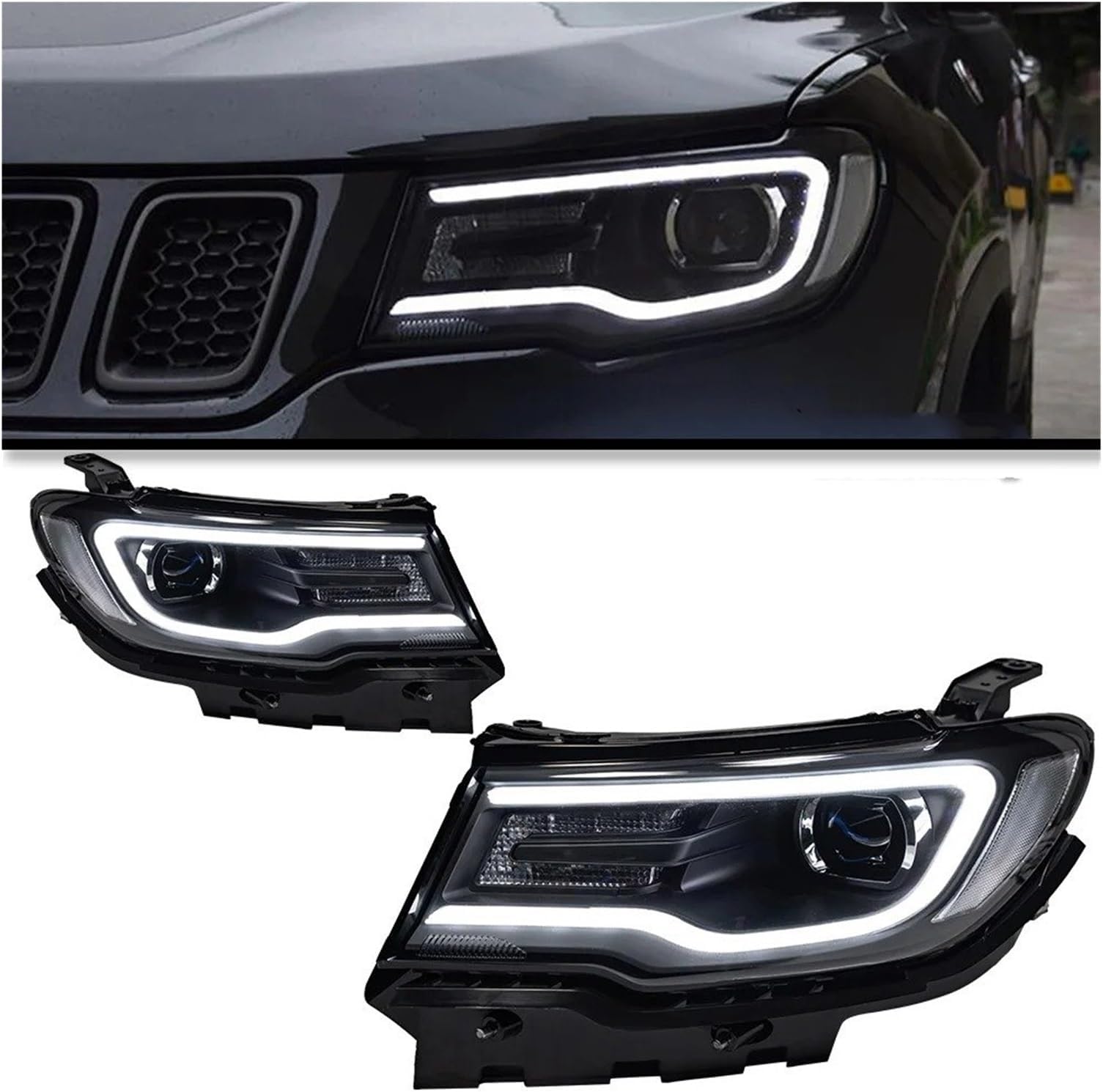 Car Head Lamp For Jeep For Compass 2017 2018 2019 2020 2021 2022 2 PCS Car Lights Parts Head Lamps LED Or Xenon Headlight LED Dual Projector Front Headlight(LED bulb inside)