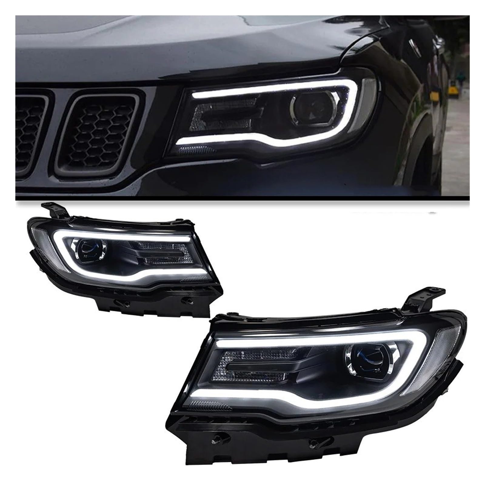 Car Head Lamp For Jeep For Compass 2017 2018 2019 2020 2021 2022 2 PCS Car Lights Parts Head Lamps LED Or Xenon Headlight LED Dual Projector Front Headlight(LED bulb inside)