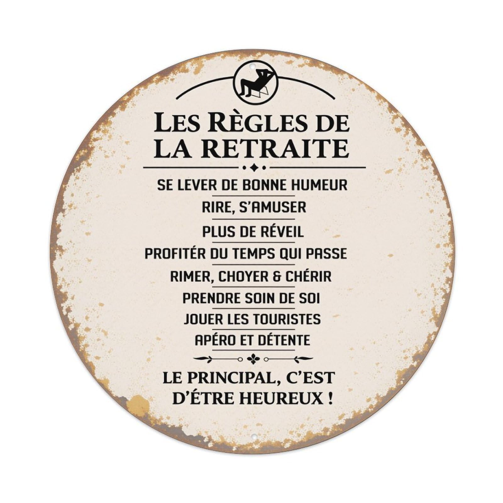 The Rules Of Retirement Pattern Print Round Vintage Tin Sign,Retro Wall Art,Metal Poster for Home, Bar, Garage, Cafe, Rustic Indoor & Outdoor Decor, 8x8 Inches