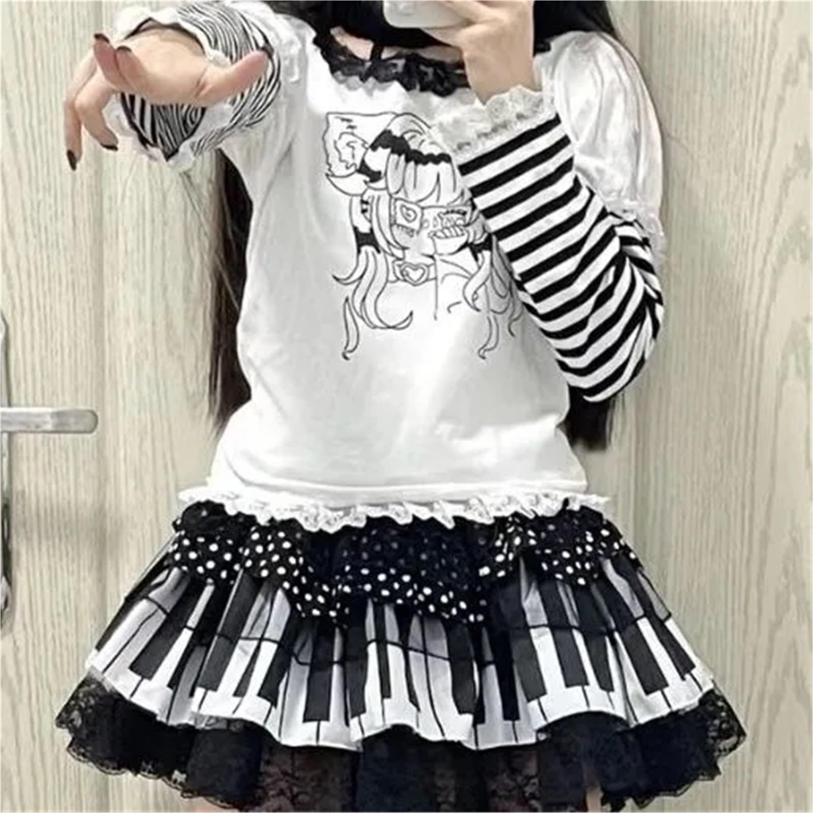 Falda gótica Faldas Punk con Encaje de Lunares en Blanco y Negro for niñas
