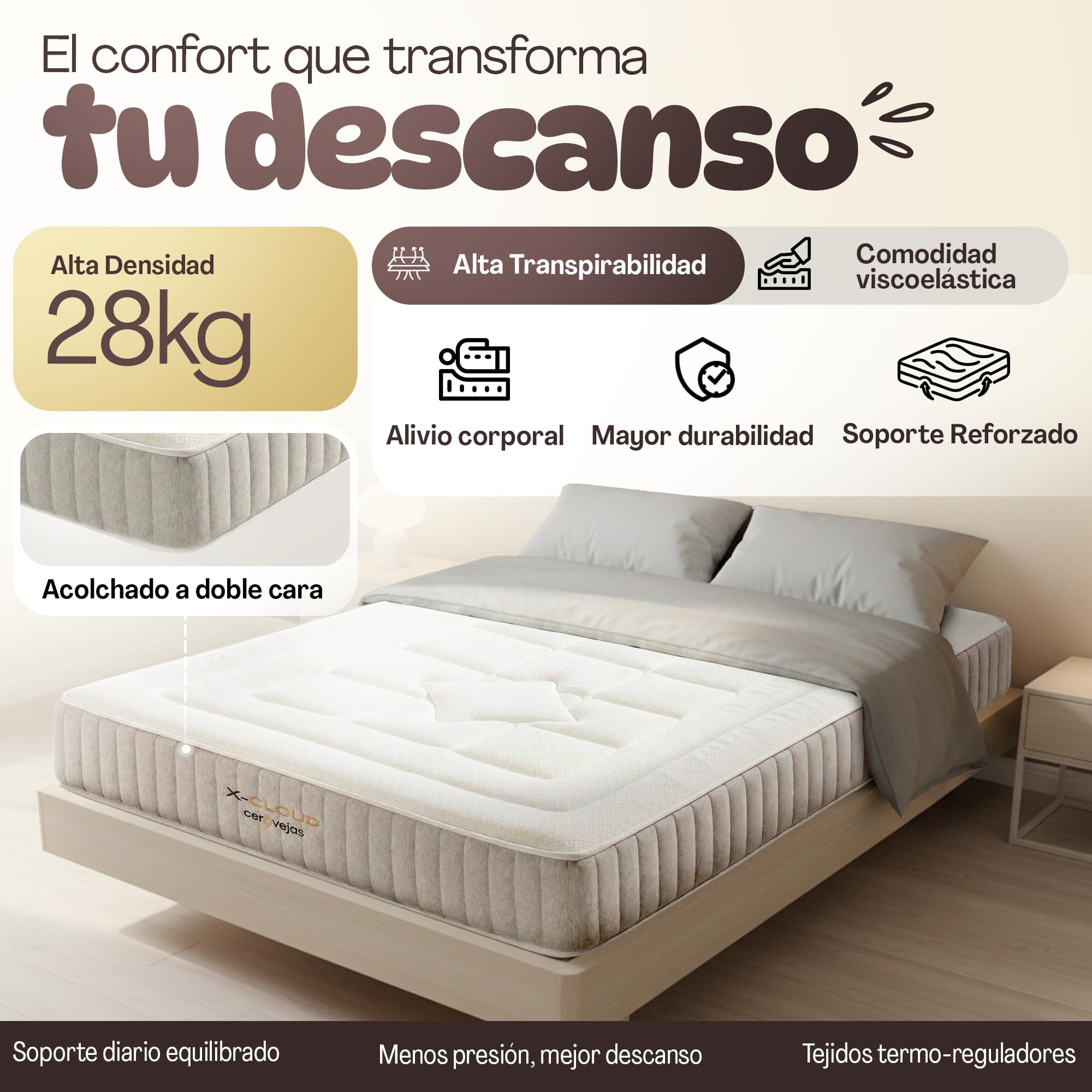 Colchón Viscoelástico Xcloud 135 x 190 - Altura 30 cm | Alta Densidad - Núcleo HR 28kg - Firmeza Media Alta para Aliviar la Presión y Dolores | Oeko-Tex | Fabricado en España