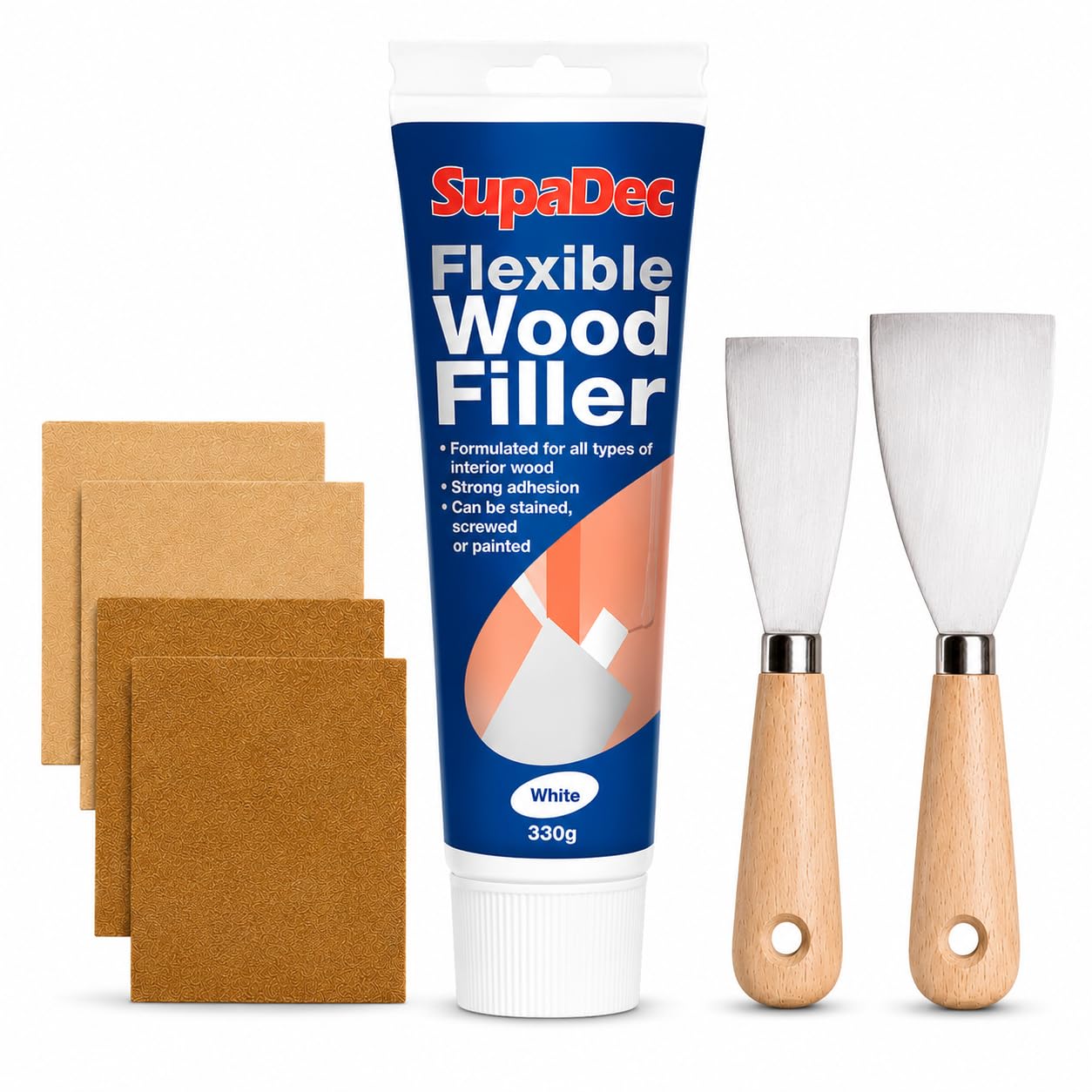 White Wood Filler Bundle 330g – + 2" and 3" Filling Tools & 4 Sandpapers (2 Coarse, 2 Fine) Weather-Resistant Repairs for Indoor & Outdoor Wood.
