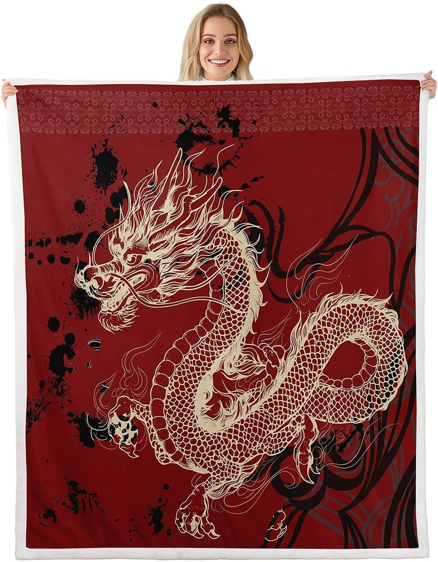 jejeloiu Dragon Sherpa Blanket Twin 60"x80" Boys Girls Traditional Element Fleece Throw Blanket for Kids Chinese Dragon Plush Blanket Red Black Fuzzy Blanket Room Decor