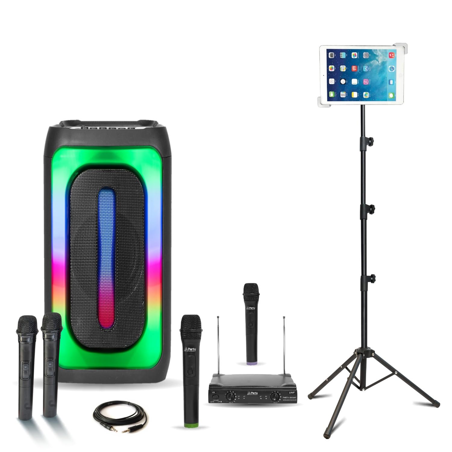 MOOVING LIGHT & SOUND - Pack Karaoke Enceinte 1000W USB Bluetooth sur Batterie Mooving MAGIC-SOUND1000-4 micros sans Fil - Support Tablette SMM20 - Soirée
