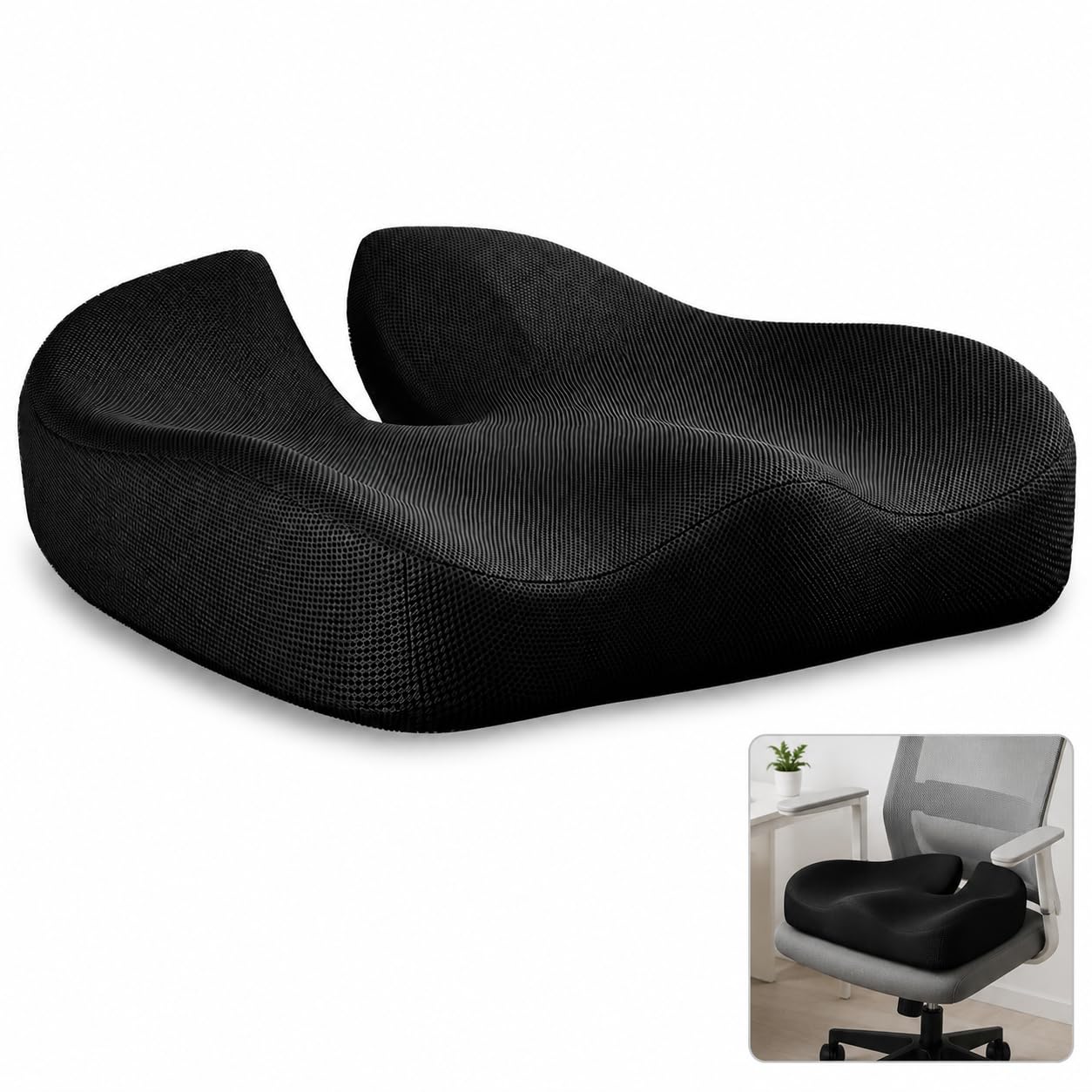 DDUP Memory Foam Coccyx Cushion with W-Shaped Design & Cooling Breathable Cover | for Tailbone & Sciatica Pain Relief | Ergonomic Office Chair Cushion with Non-Slip Base | for Car, Home, Long Sitting