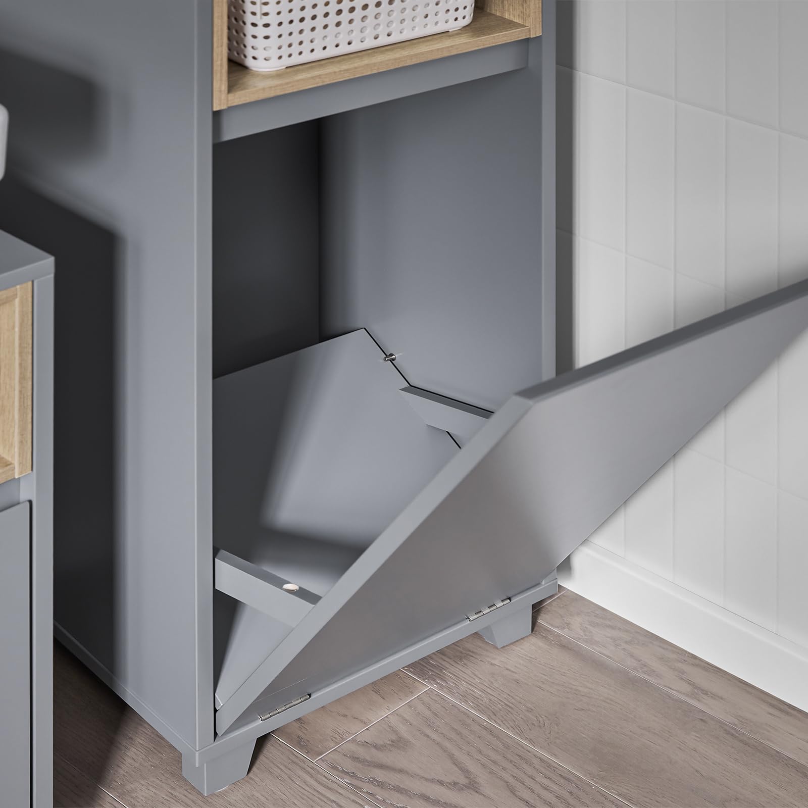 BZR146-DG Wäscheschrank mit Korb, platzsparend, modernes Design, B 35 x T 30 x H 105 cm, BZR146-DG für Zuhause und Waschküche, Grau