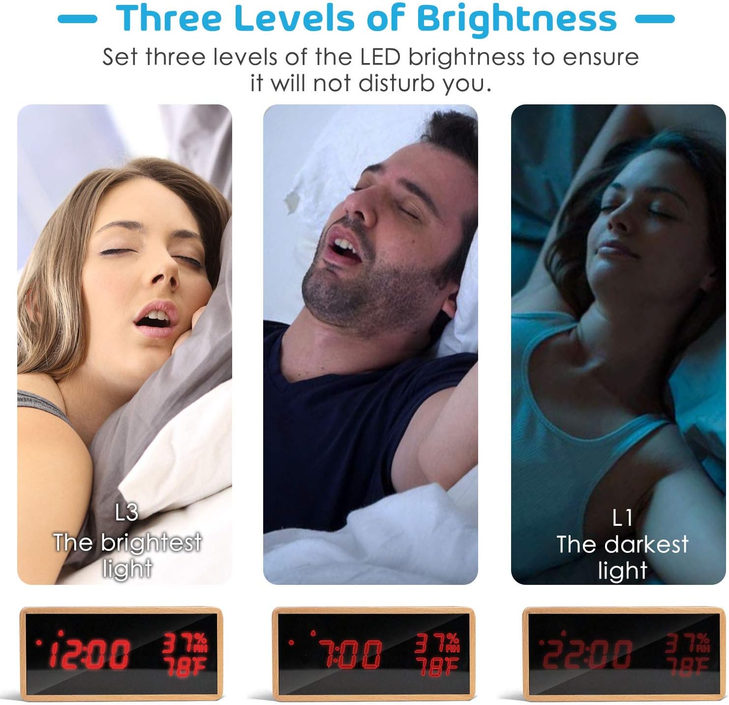 Buy Wood Digital Alarm Clock for Bedrooms, Real Wood, Adjustable