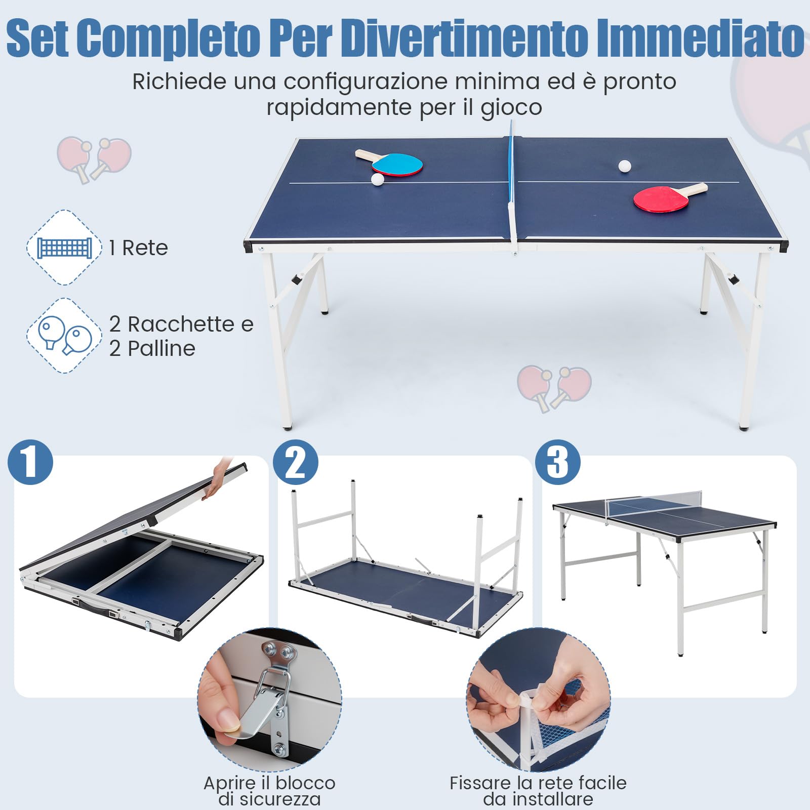COSTWAY Tavolo da Ping Pong Pieghevole 152,5 x 76 x 71 cm, Tavolo da Ping Pong Salvaspazio e Portatile da Interno ed Esterno con Rete, 2 Racchette, 2 Palline e Maniglia, Preassemblato