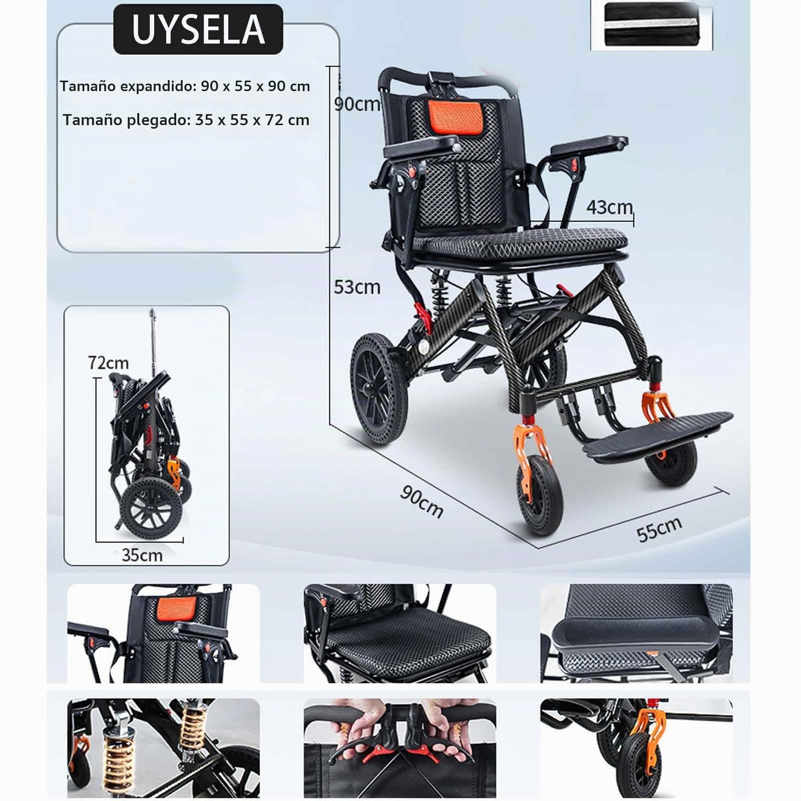 UYSELA Silla de Ruedas Plegable Ligera, el Hogar y Los Viajes Sillas Ruedas Extra Estrechas, Ligera y Compacta, Ancho Asiento 41.5 Cm, Soporta 100 Kg