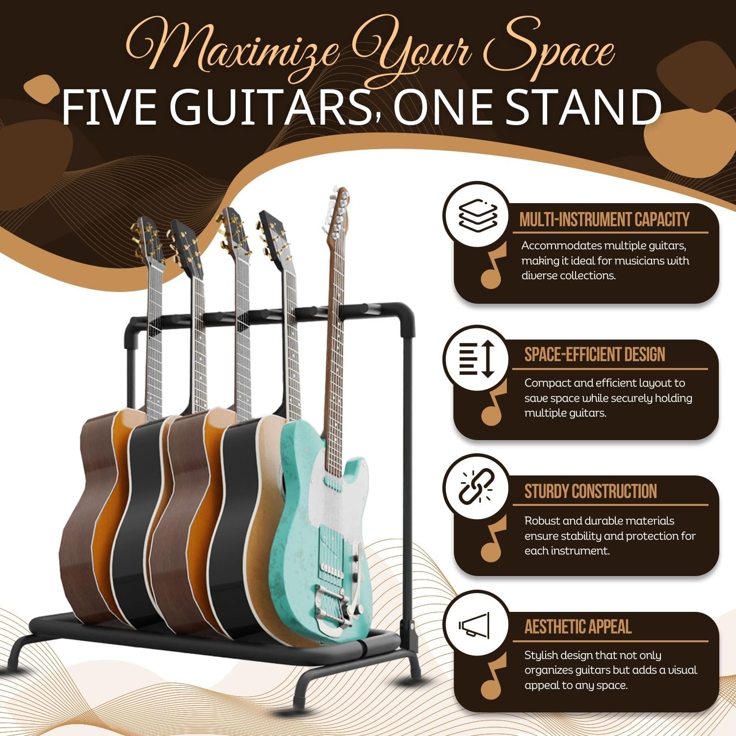 Flexzion Stojak na 5 stojaków na gitarę – metalowa konstrukcja, stojak na gitarę i organizer na gitarę, składany stojak na 5 uchwytów na gitarę z wyściełanymi rurkami piankowymi do gitar
