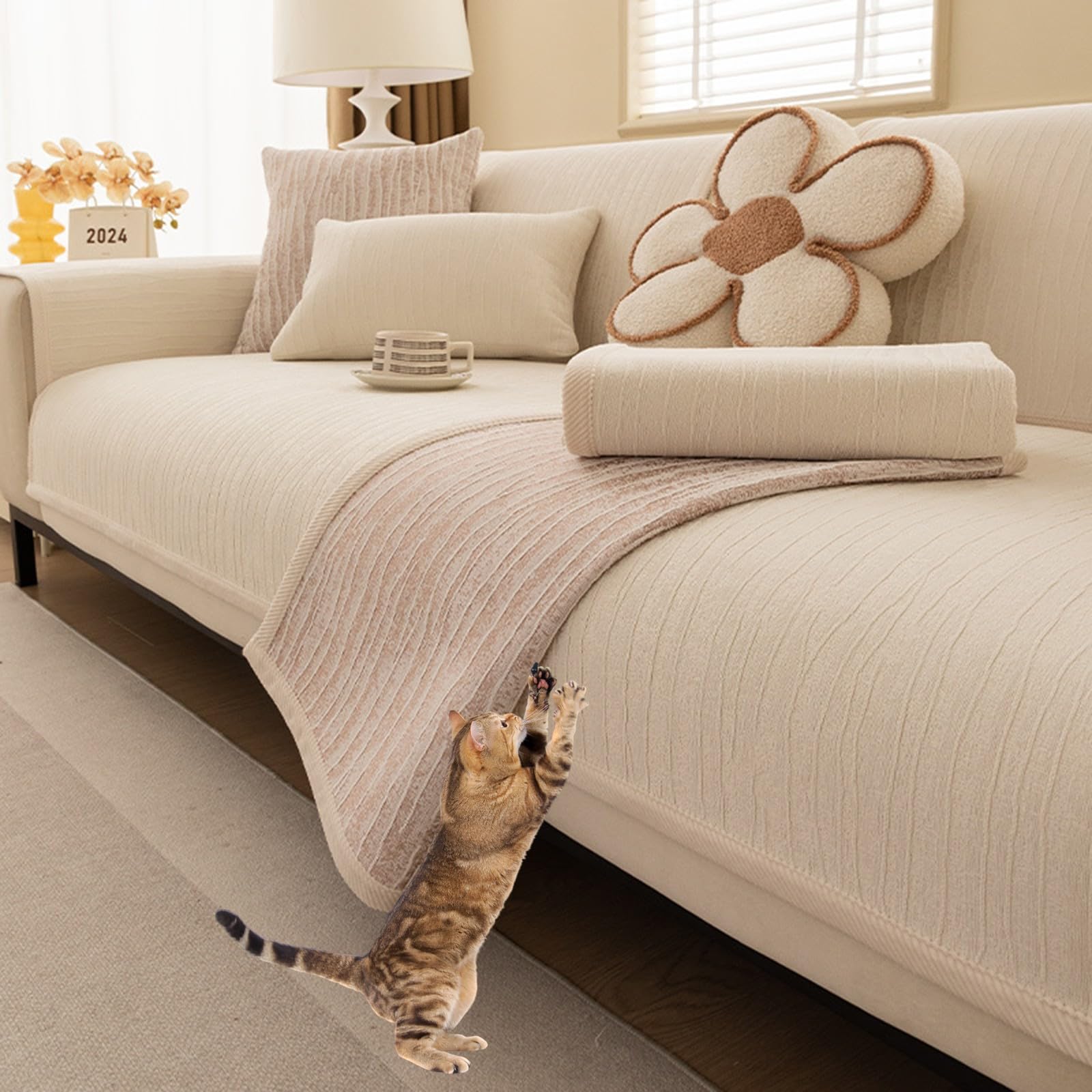 Housse de canapé en chenille antidérapante 110x280 cm pour protection 3 places