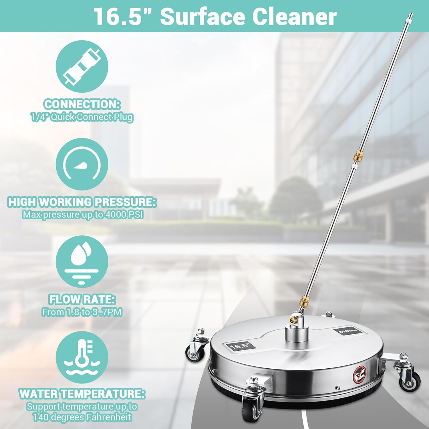 Yescom 16.5" Pressure Washer Surface Cleaner with 4 Wheels - Stainless Steel Surface Cleaner for Pressure Washer Attachment for Concrete, Sidewalk, Patio, Deck, Driveways and Daily Washing - 4000 PSI