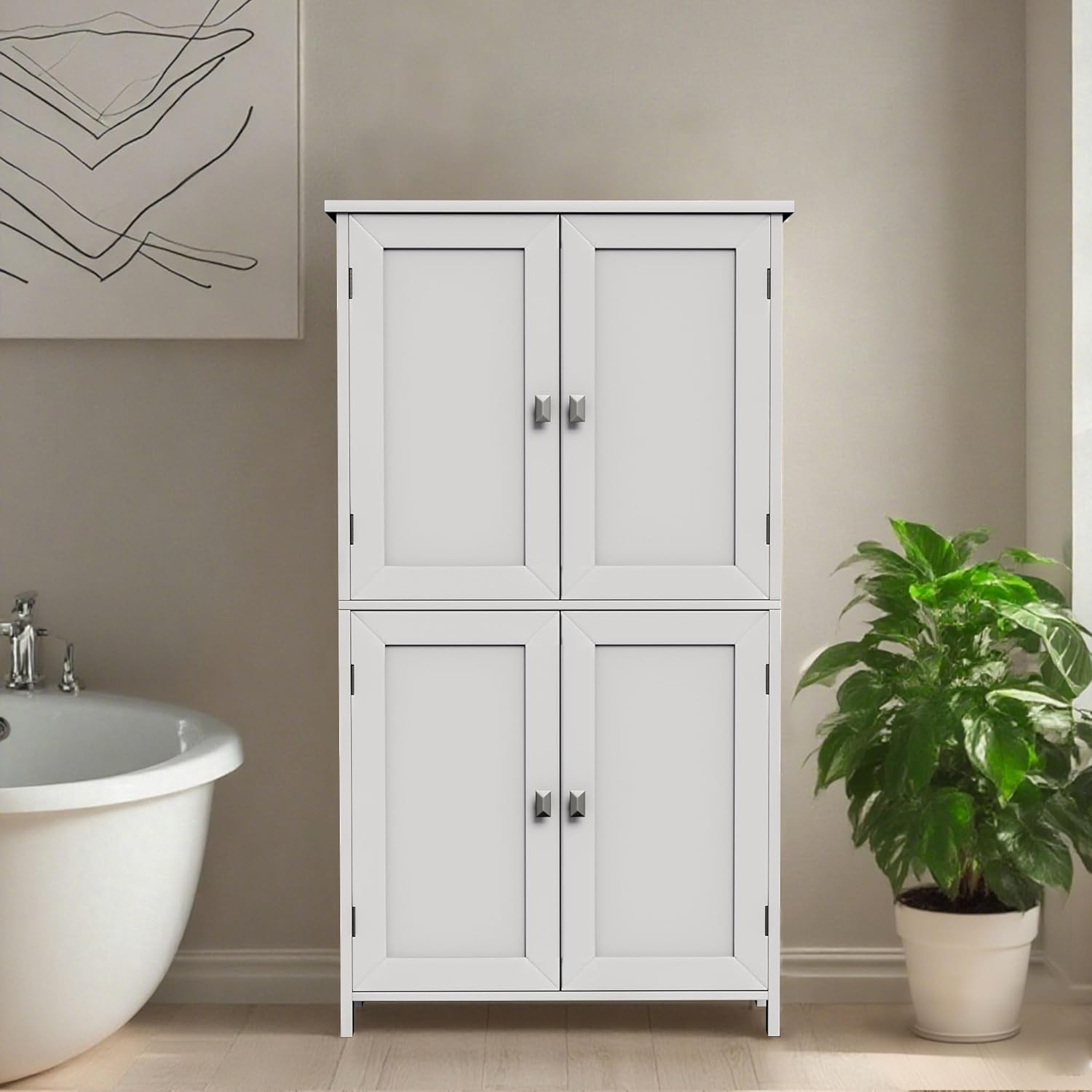Bathroom Cabinet with Adjustable Shelf Freestanding Storage Cabinet with 2 Doors Wooden Organizer Floor for Bathroom Kitchen and Living Room (White, 4 Doors)