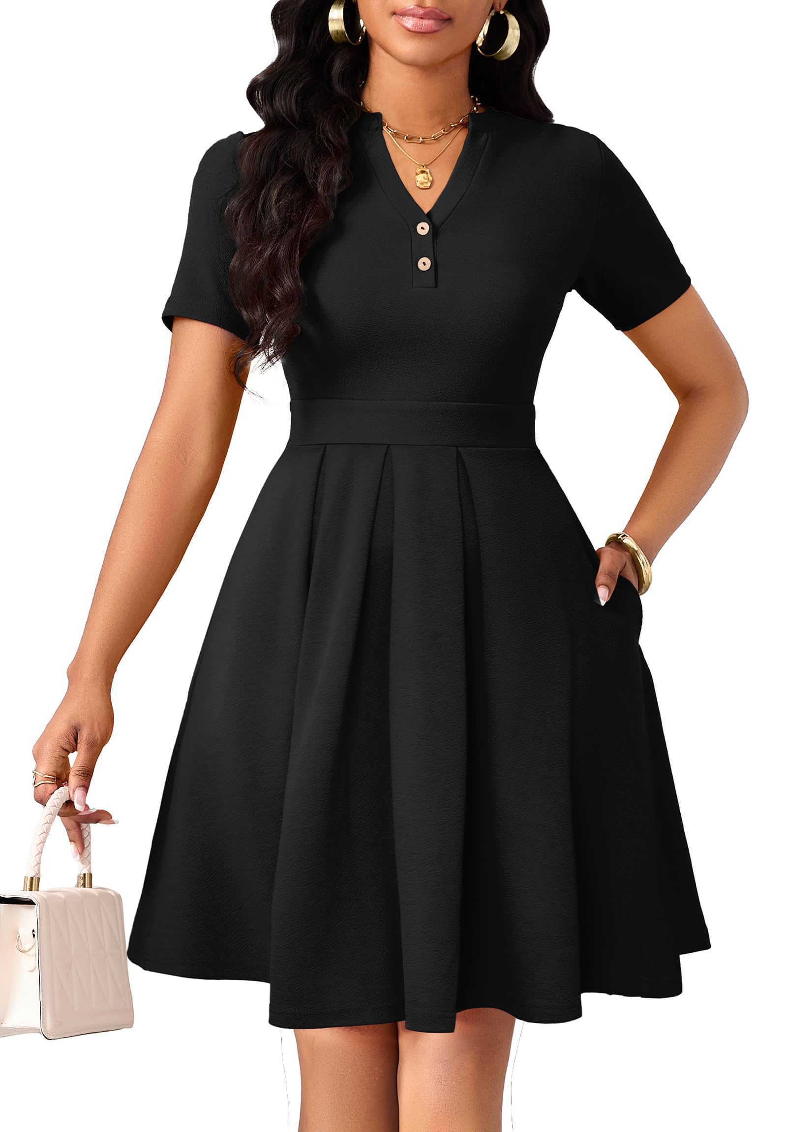Womens Short Sleeve V Neck Casual Semi-Formal Dress Wedding Guest Cocktail Dresses with Pockets