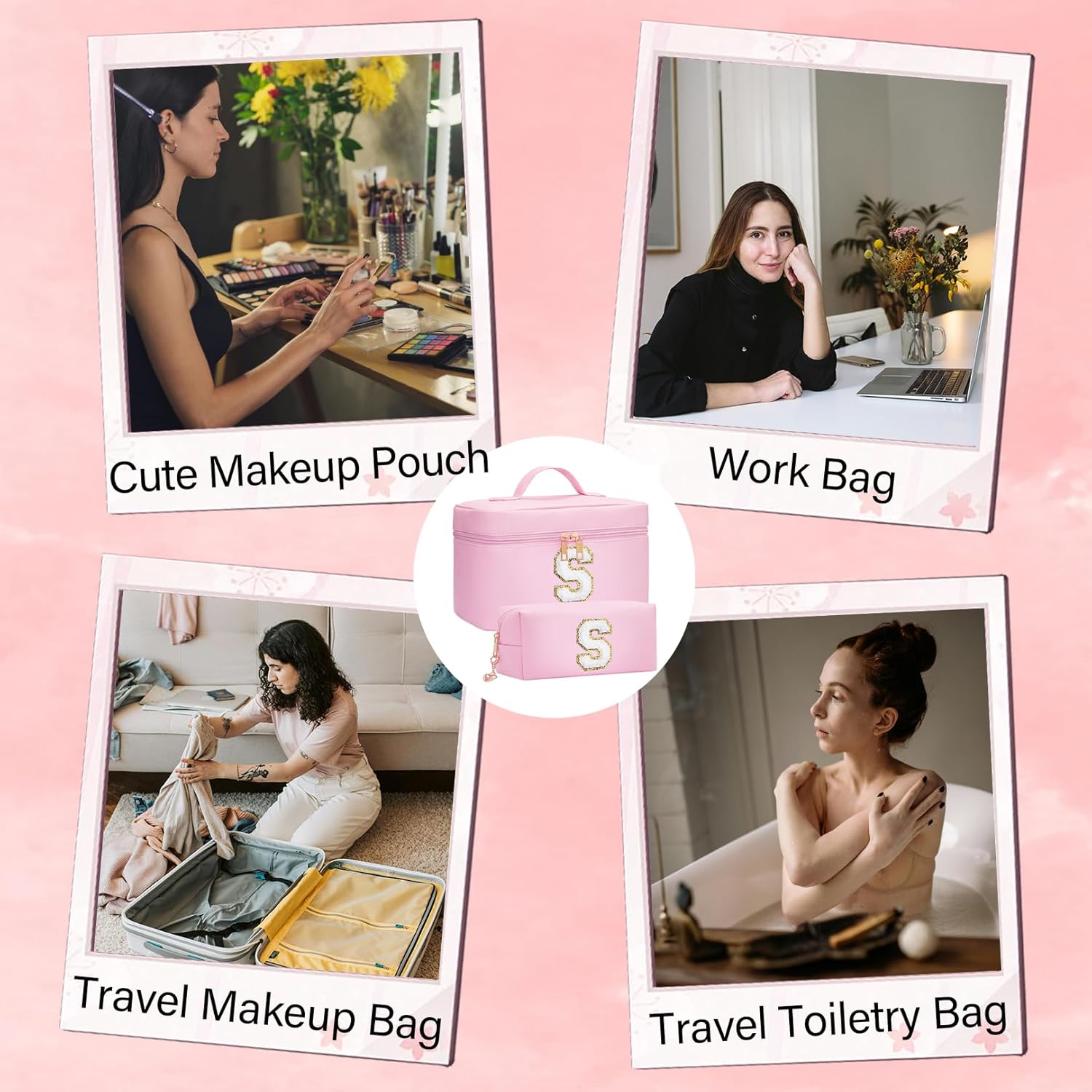 initial makeup bag, 2pcs initial makeup cosmetic toiletry bags for women girls, Leather custom monogram personalized cosmetic bag, Birthday Gifts for 4 5 6 7 8 9 10 11 12 Year Old (R) - Image 5