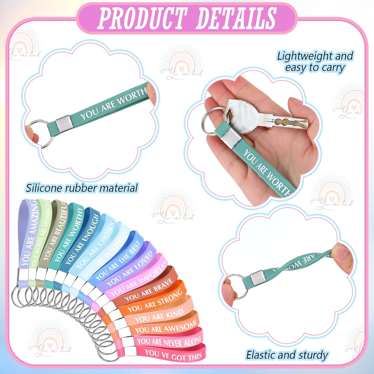 Hillban 64 Pcs Rainbow Canvas Makeup Bag Bulk Valentine Women Gifts 32 Boho Travel Toiletry Makeup Pouch with 32 Inspirational Keychains for Women Party Favor Coworker Employee - Image 3