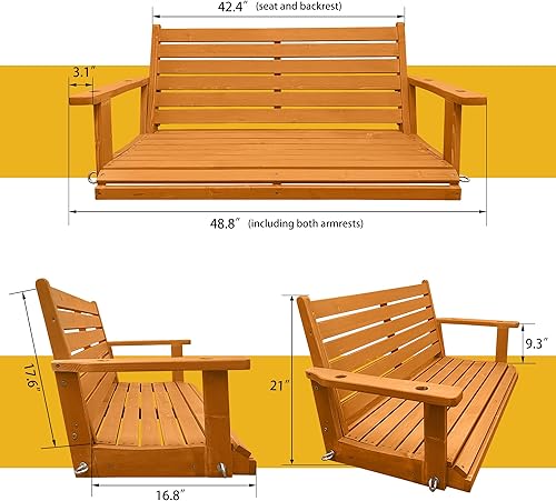 Miniatura 5 de Columpio de madera para porche, asiento ergonómico, columpio de banco con cadenas colgantes y resortes de 0.276 in, resistente, 800 libras, para