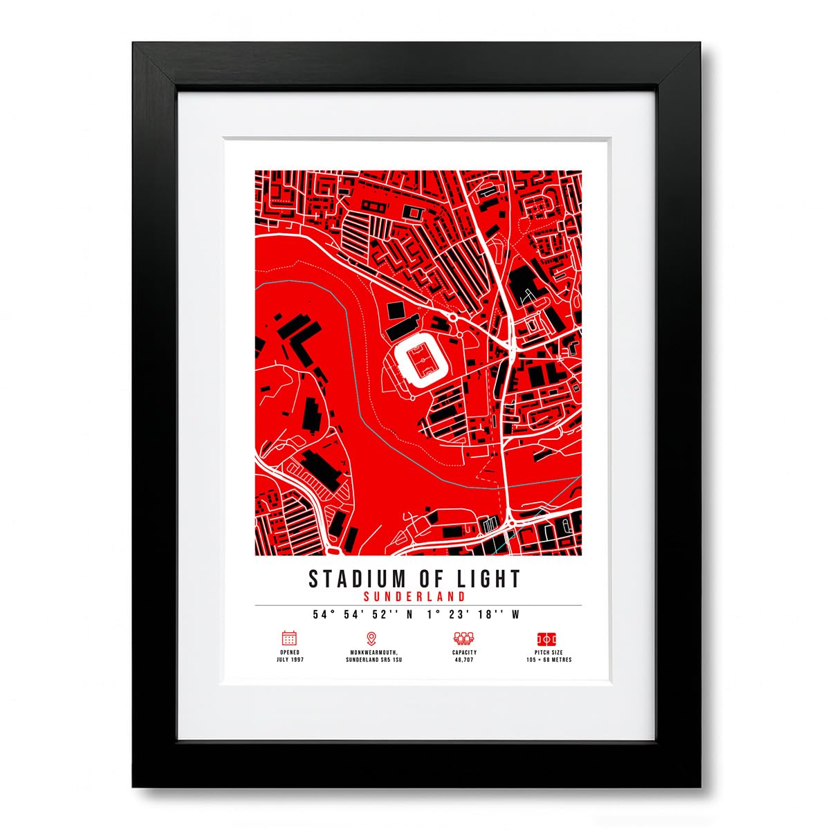 Mounted Gifts Trading A4 Black Framed & Mounted Stadium Of Light Map Minimalist A4/A3 Poster Photo Print Framed Gift Sunderland (A4 Black Framed & Mounted)