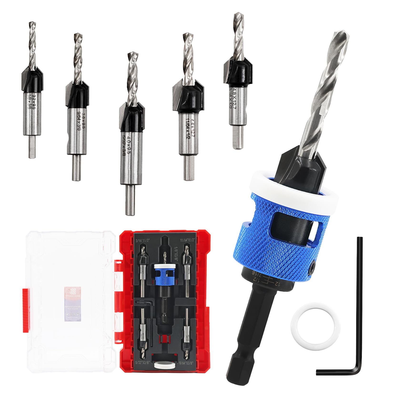 Punta svasata regolabile con punta in carburo per legno, punte coniche HSS M2 da 1/8" + 9/64" + 5/32" + 11/64" + 3/16" HSS M2 punte per cacciavite per lavorazione del legno, plastica, legno.